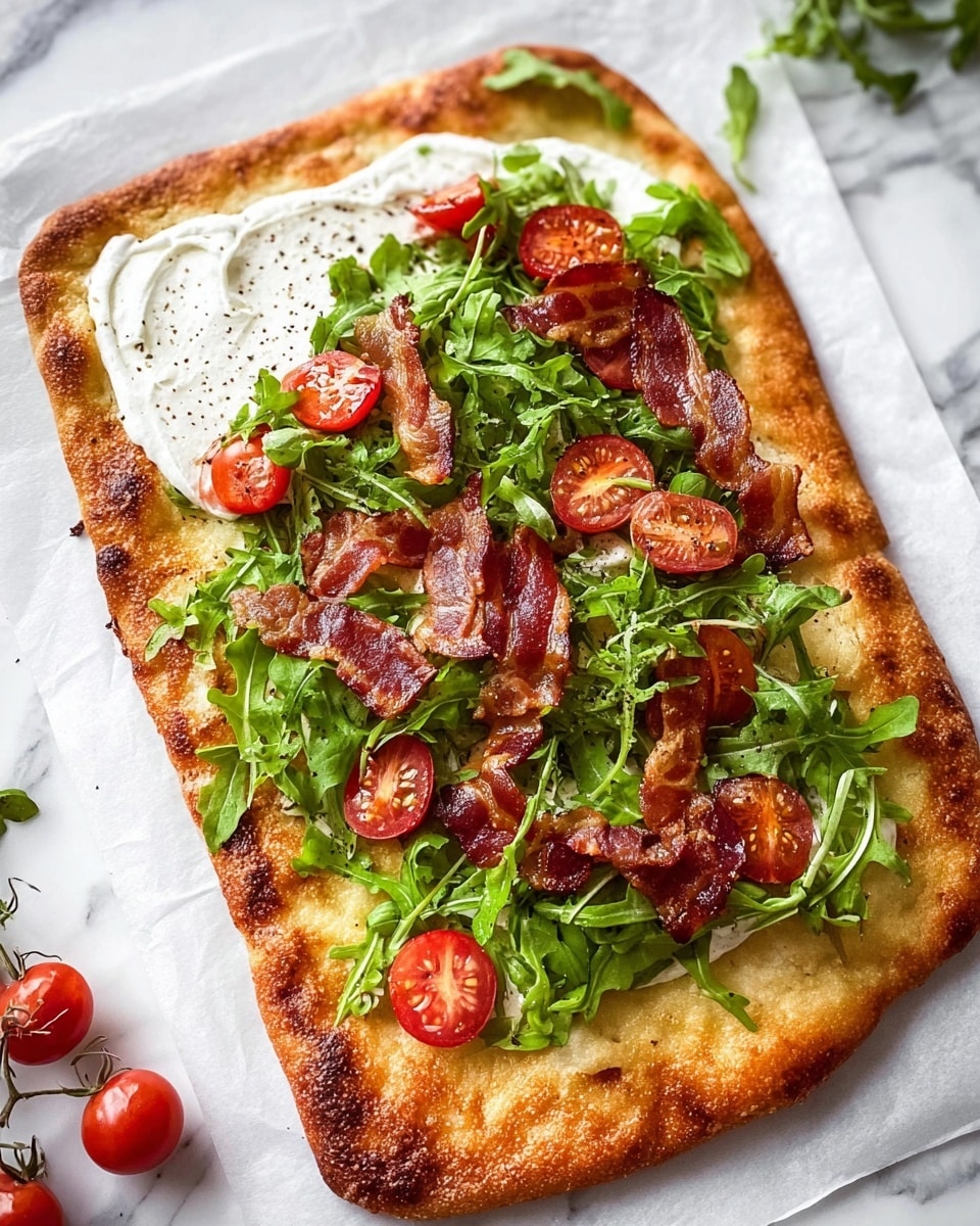 A grilled sandwich cut in half shows three main layers inside a lightly toasted flatbread with dark grill marks on top. The bottom layer has white creamy cheese spread with small green herbs mixed in, topped by crisp green lettuce leaves. Above the lettuce, there are bright red tomato slices, and on top of the tomato sits crispy golden brown bacon strips. The sandwich is placed on a white marbled surface with a few small green herbs scattered around. Photo taken with an iphone --ar 4:5 --v 7