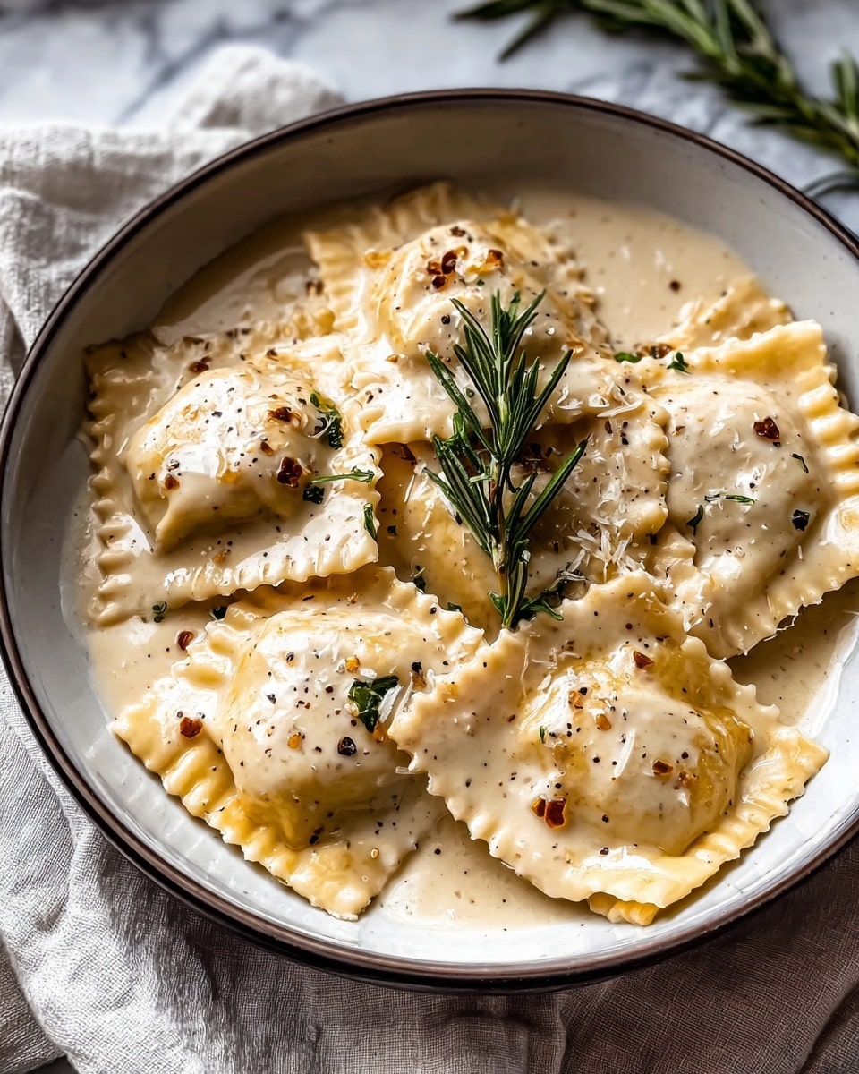 A white bowl with six large ravioli pieces covered in a creamy, light beige sauce fills the center. Each ravioli has a slightly ruffled edge and a smooth, soft texture. The sauce is thick and speckled with black pepper and small brown crumbs. A small sprig of fresh green rosemary sits atop the ravioli, adding a touch of color. The bowl rests on a white marbled surface, with part of a light cloth visible beneath. Photo taken with an iphone --ar 4:5 --v 7