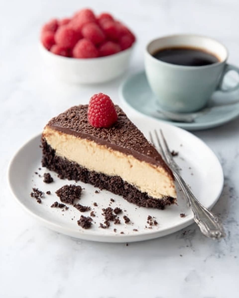 The image shows a slice of chocolate cheesecake on a white plate placed on a white marbled surface. The cheesecake has three visible layers: a dark crumbly chocolate crust at the bottom, a creamy light beige middle layer, and a thick dark chocolate layer on top covered with chocolate crumbs. One raspberry sits on top of the slice as decoration. In the background, there is a white bowl filled with more fresh raspberries and a light blue cup with a dark coffee inside, slightly out of focus. A woman's hand holds a silver fork touching the plate near the cheesecake slice. Photo taken with an iphone --ar 4:5 --v 7
