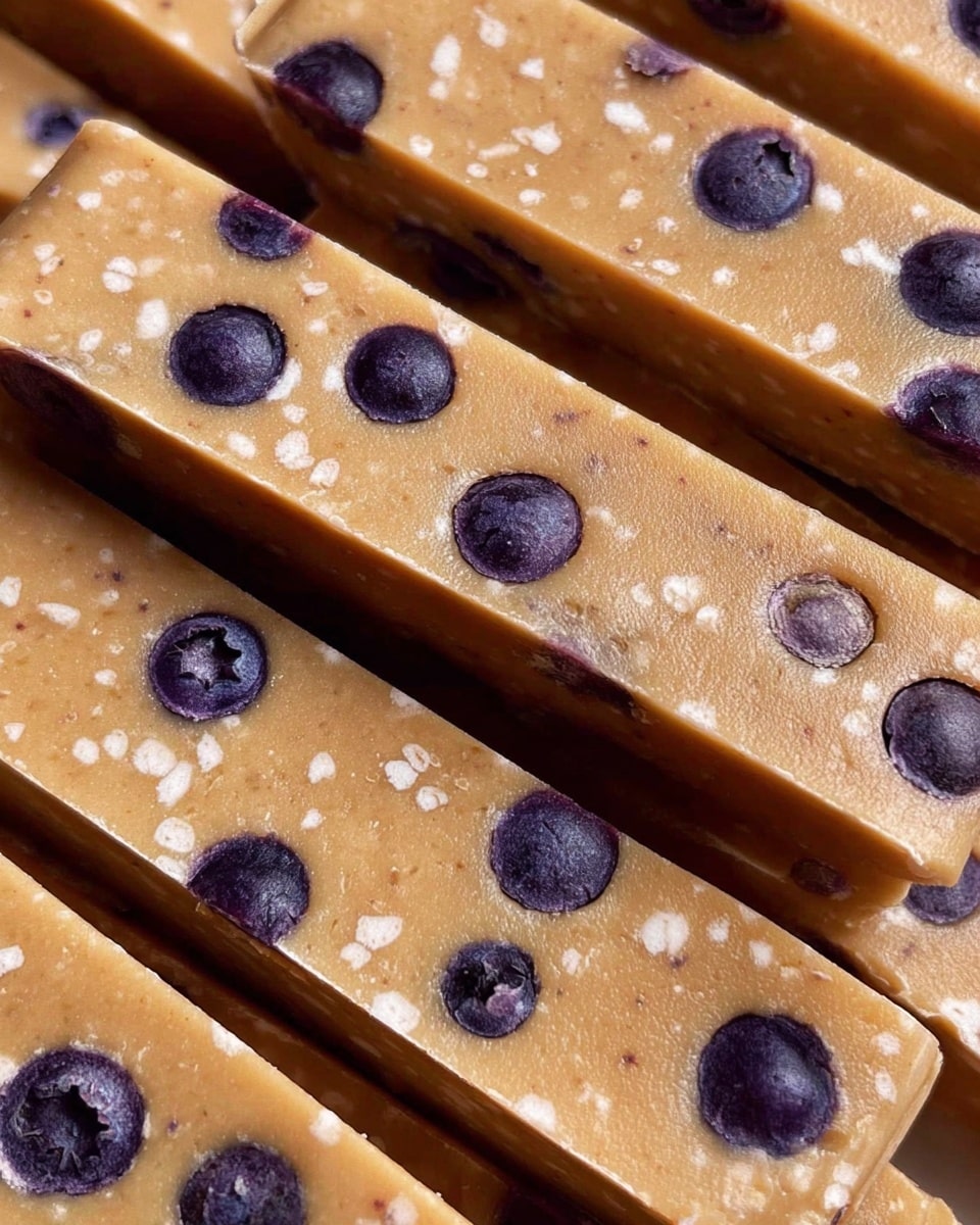 The image shows multiple light brown rectangular bars stacked closely together, each bar containing several small dark blue berries and tiny white specks embedded throughout. The texture of the bars looks smooth but firm, with the berries slightly sunk into the surface, adding a contrast of deep color against the light brown base. The bars are arranged in an overlapping way on a white marbled textured surface, creating a sense of abundance and richness. photo taken with an iphone --ar 4:5 --v 7