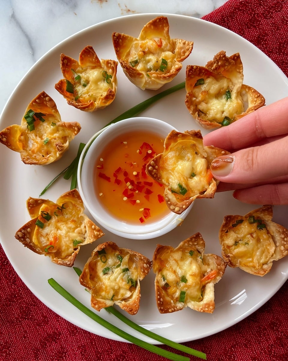 The image shows a close-up of a metal muffin tray holding eight crispy golden-brown wonton cups filled with a creamy white mixture. Each cup is generously stuffed with the filling that has small bits of orange and green visible, likely vegetables, and topped with chopped green onions. The wonton wrappers have a lightly bubbled texture and are folded in a leaf-like shape, standing upright in the tray. The tray sits on a white marbled surface with a red cloth partially underneath. Scattered green onion pieces are also on the tray around the wonton cups. photo taken with an iphone --ar 4:5 --v 7