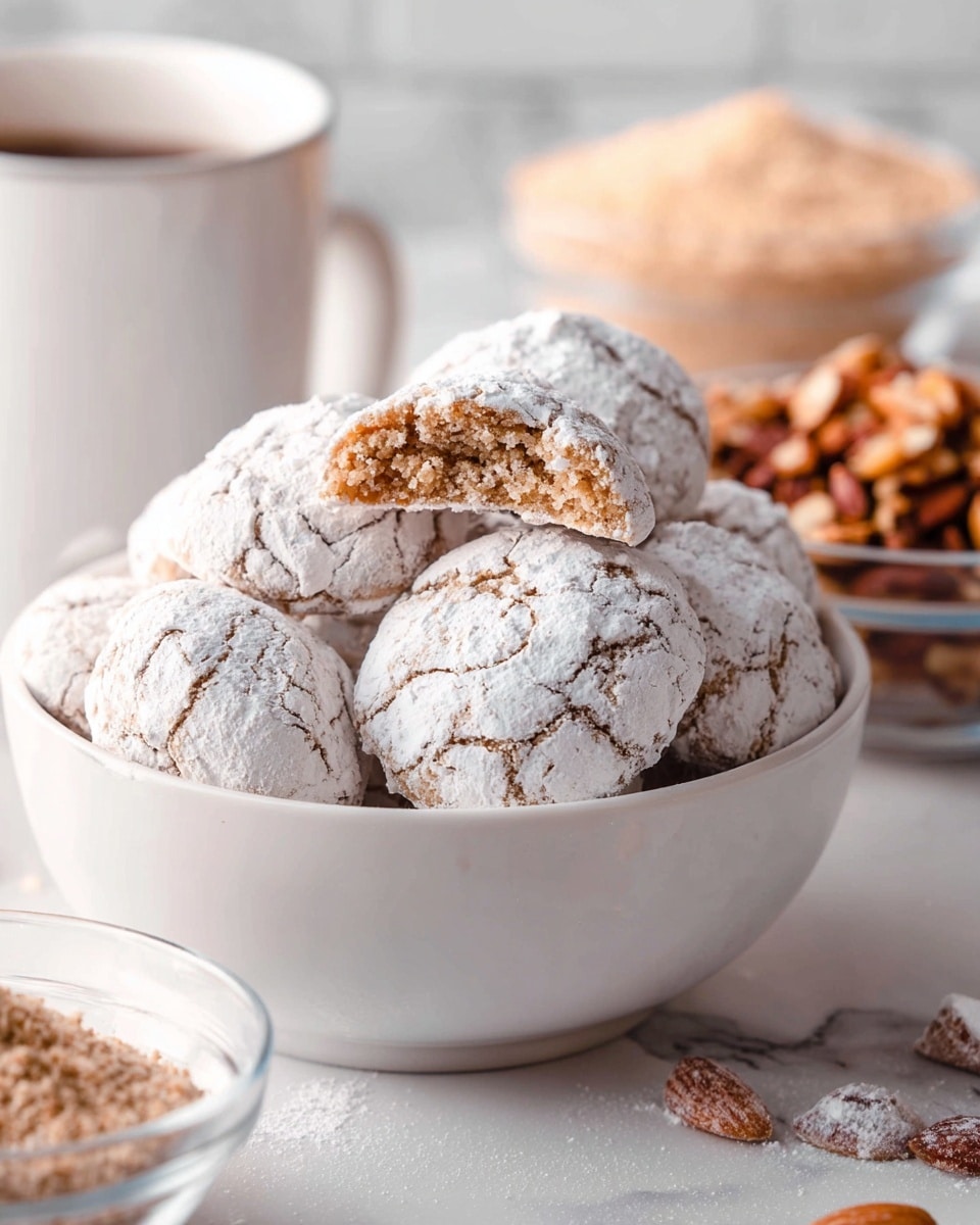 A white bowl is filled with round cookies covered in cracked white powdered sugar, showing a light brown crumbly inside with one cookie half-eaten and placed on top. Behind the bowl, there is a white marbled surface with a blurred white mug on the left and two clear glass bowls, one with a light brown powder and the other with thinly sliced toasted nuts. photo taken with an iphone --ar 4:5 --v 7