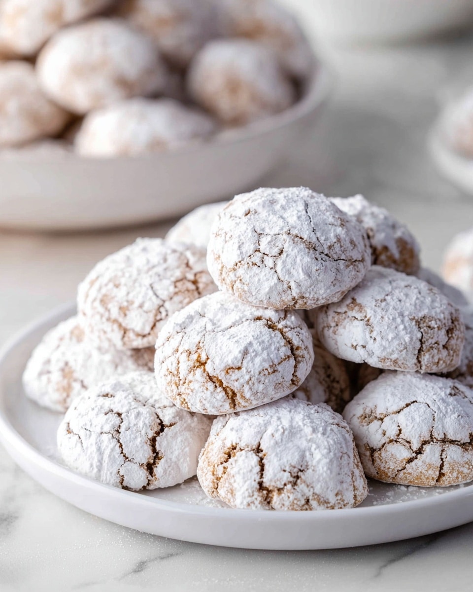 A close-up view of a white plate filled with small round cookies covered in a thick, uneven layer of white powdered sugar. Each cookie has a cracked texture, showing a light brown dough underneath the sugar, with some cracks revealing the inside. The cookies are piled in a slightly irregular heap on the plate. In the background, a white bowl holds more of the same cookies, softly out of focus. The setting rests on a white marbled textured surface. photo taken with an iphone --ar 4:5 --v 7