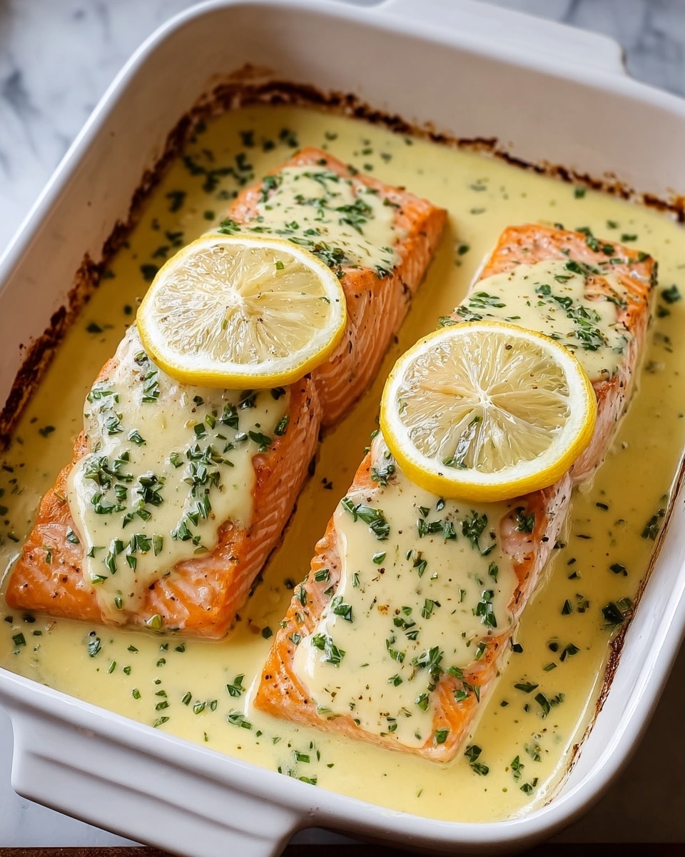 Two pieces of cooked salmon fillets sit side by side in a white square baking dish, each topped with a creamy light yellow sauce with small green herb flecks. On top of the sauce, there are thin round slices of lemon placed on each fillet. The salmon is orange-pink with a slight char on the edges and visible flaky texture. The sauce pools around the fillets, showing a smooth and rich consistency. The dish is placed on a white marbled surface with a soft gray cloth partially visible on the side. photo taken with an iphone --ar 4:5 --v 7