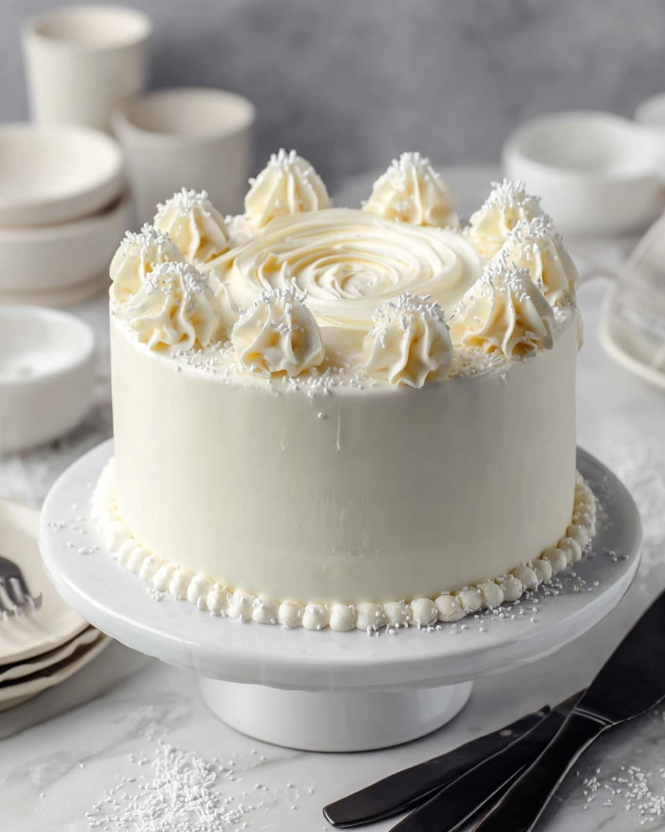 A round cake with smooth white frosting covers the whole outside. There are small piped dots of white frosting circling the base edge. On top, a thick swirl of white frosting forms a rose shape in the center, surrounded by evenly spaced tall dollops of white whipped cream, each sprinkled with small white flakes. The cake sits on a white pedestal cake stand placed on a white marbled surface. A black knife lies near the front on the surface. Photo taken with an iphone --ar 4:5 --v 7