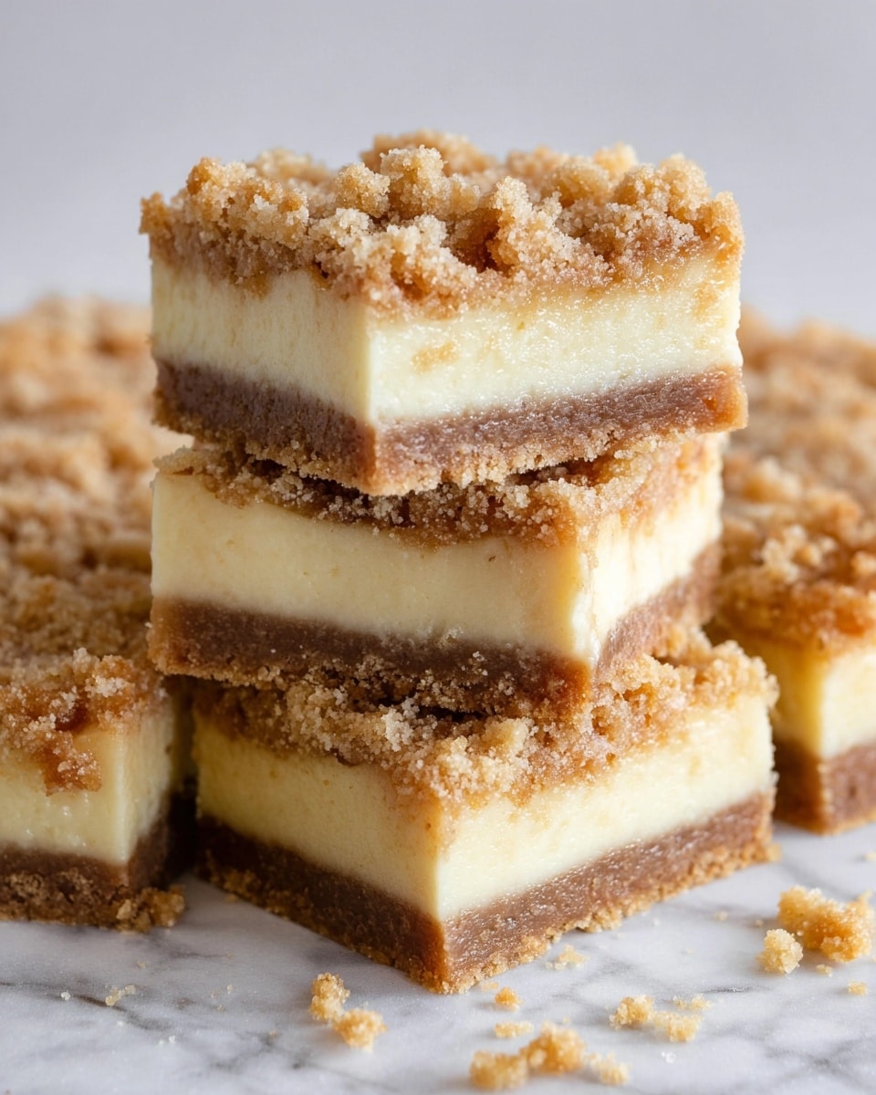 A stack of crumb bars is shown on a white marbled surface, each bar cut into perfect squares with three distinct layers. The bottom layer is a dense, tan-colored crust with a slightly crumbly texture. The middle layer is a smooth, creamy off-white filling, creating a soft contrast to the crust. The top layer is a coarse, golden-brown crumb topping with small sugar granules visible, adding crunch and texture. A few crumbs are scattered around the bars, emphasizing their crumbly nature. Photo taken with an iphone --ar 4:5 --v 7
