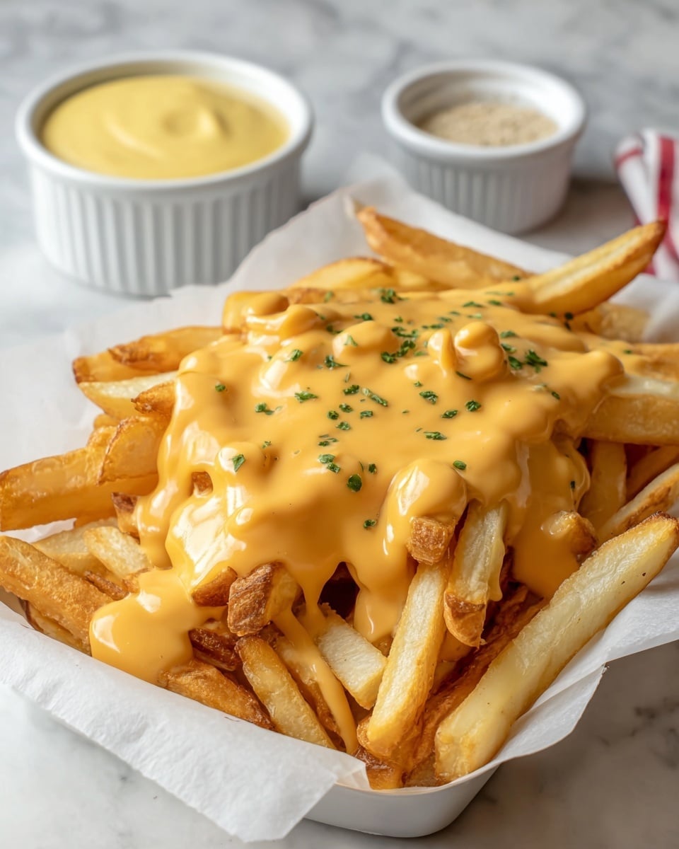 A white tray lined with white paper holds a generous pile of golden, crispy French fries as the base layer. On top, a smooth, rich orange cheese sauce is poured evenly, with a few small round pieces of melted cheese embedded, garnished with tiny green herbs scattered over the sauce. In the background, there are white ramekins, one filled with a thick creamy yellow cheese sauce and another with a light-colored seasoning powder. The scene is set on a white marbled texture surface. photo taken with an iphone --ar 4:5 --v 7