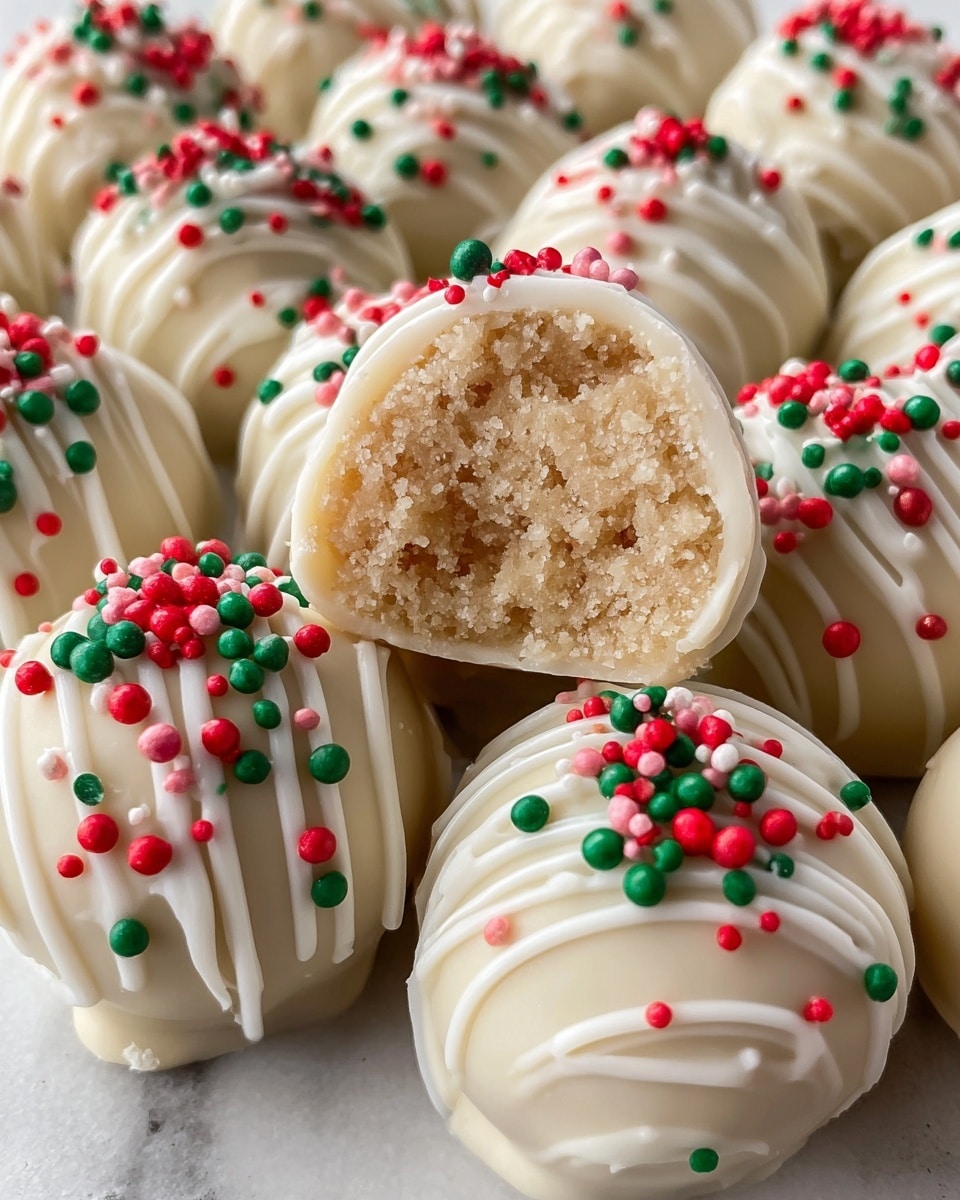 A close-up view of round truffles, each covered with a smooth white coating and decorated with thin white drizzle lines crossing over them. On top of each truffle are small round sprinkles in red and green, with occasional single pink sprinkles. One truffle in the center is cut open to show a crumbly, light beige inside texture. The truffles sit closely together on a white marbled surface, highlighting their creamy and festive look. Photo taken with an iphone --ar 4:5 --v 7