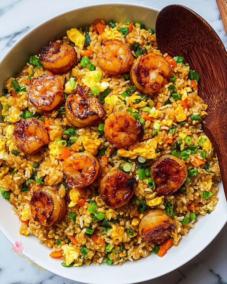 A white bowl is filled with a colorful shrimp fried rice dish, showing one main layer consisting of golden-brown cooked rice mixed with bright yellow scrambled eggs, orange carrot pieces, and green chopped scallions, all evenly spread. Large, shiny shrimp with a caramelized, slightly charred texture are scattered throughout the dish, adding depth and contrast. A dark wooden spoon rests on the bowl’s edge, partially visible on the right side. The bowl sits on a white marbled surface providing a clean, fresh background. photo taken with an iphone --ar 4:5 --v 7