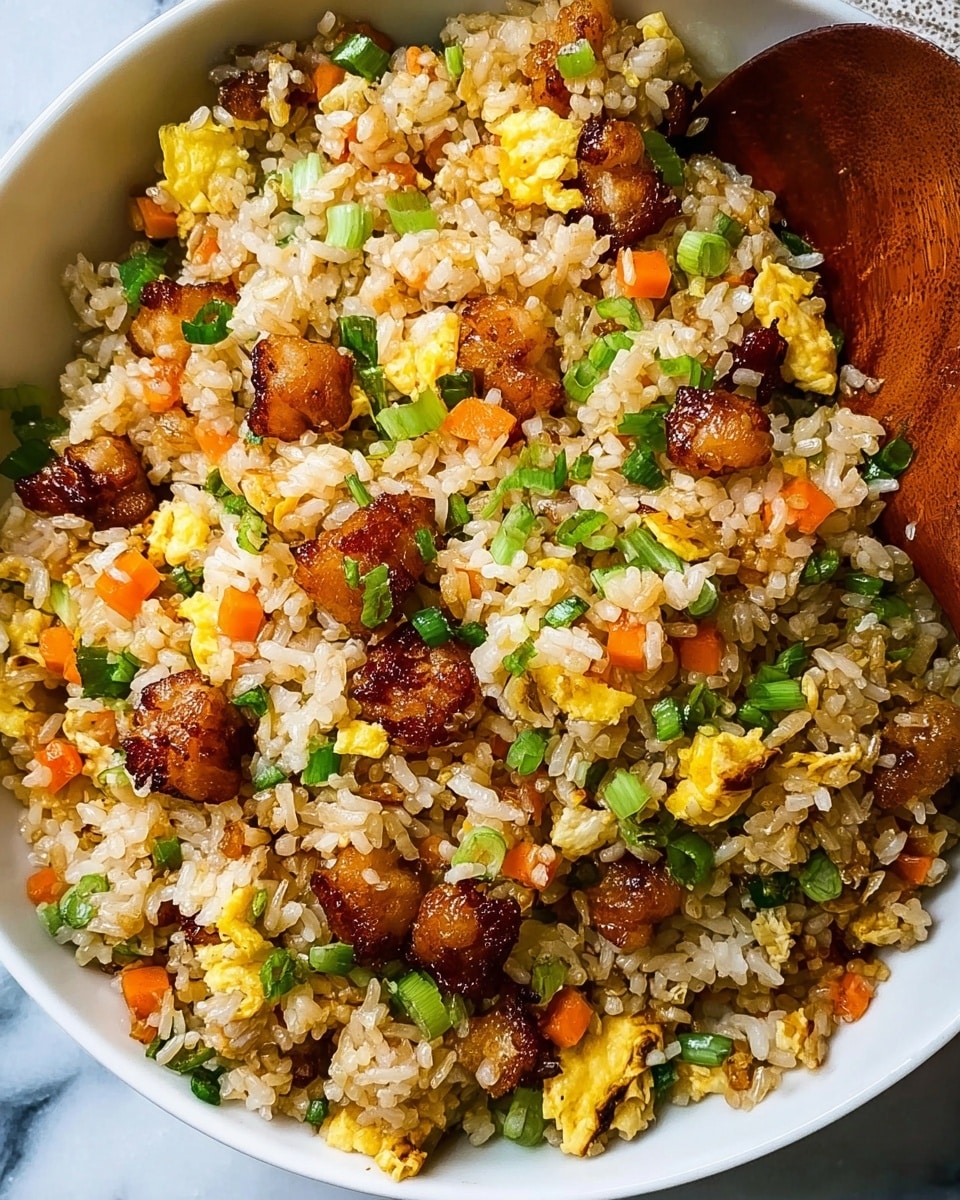 A close-up of a large white bowl filled with fried rice, showing about four layers mixed together. The base layer is light brown cooked rice with a slightly oily texture. Distributed evenly throughout the rice are small bright orange carrot cubes and light green chopped scallions. Golden yellow scrambled egg pieces are scattered thickly on top, adding a soft texture contrast. Dark golden brown fried chicken bits with crispy edges are spread across the dish, adding depth and color variety. A wooden spoon is partially visible on the right side, resting inside the bowl. The background is a white marbled surface. Photo taken with an iphone --ar 4:5 --v 7