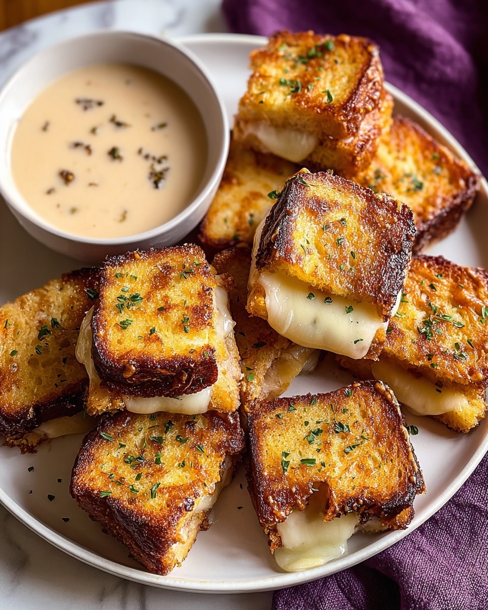 A white plate holds ten small square grilled cheese sandwiches with a crispy dark golden-brown crust and melted cheese oozing from the sides, speckled lightly with green herbs. On the top left edge of the plate, there is a small white bowl filled with creamy, thick light beige soup with tiny dark specks, placed on a white marbled surface with a purple cloth partially visible to the right. photo taken with an iphone --ar 4:5 --v 7
