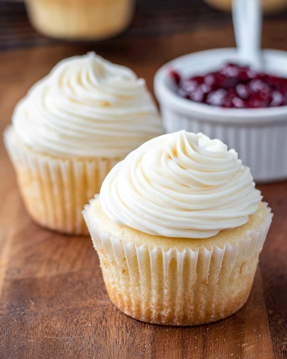 The image shows two vanilla cupcakes with a light golden base and smooth, creamy white frosting swirled on top in a circular pattern, ending with a small peak in the center. The cupcakes are placed directly on a wooden surface, with a white ramekin filled with red berry jam visible in the background to the right. The texture of the frosting looks soft and fluffy, while the cake part appears moist and slightly spongy. Photo taken with an iphone --ar 4:5 --v 7
