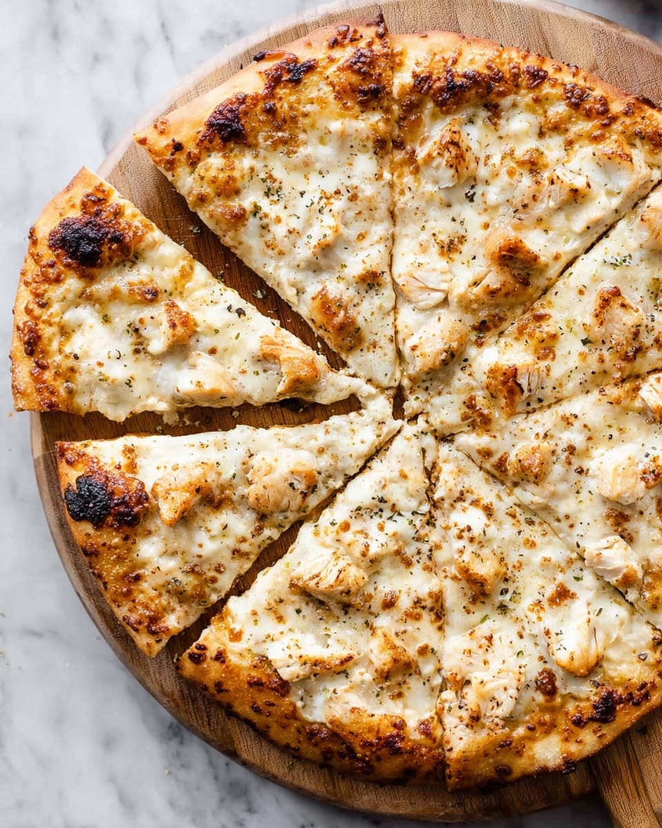 A close-up of three triangular slices of white pizza on white parchment paper, placed on a white marbled surface. The base is a light golden-baked crust, thin and slightly crispy, with some darker toasted spots around the edges. The first layer is a smooth spread of creamy white cheese that melts and stretches between the slices. Scattered on top are chunks of light brown roasted chicken pieces, some with slight crisp edges. The surface is dotted with small areas of browned and bubbly cheese and black pepper flakes, adding texture and color contrast. photo taken with an iphone --ar 4:5 --v 7