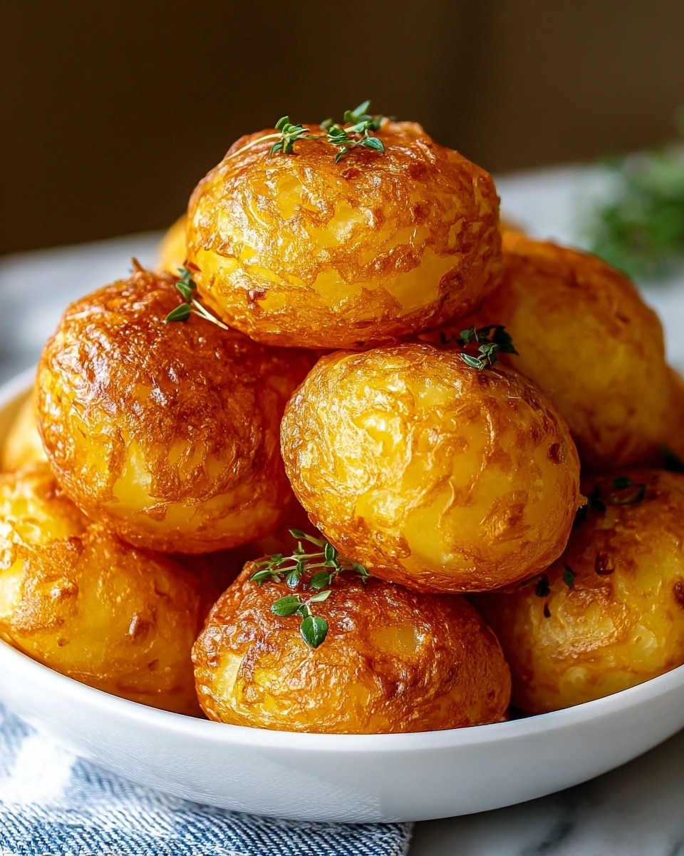 A white bowl filled with a stack of golden brown crispy potato puffs, each puff round and textured with a crunchy outer layer and a soft inside. The puffs vary slightly in size and have small green herb leaves sprinkled on top. The bowl sits on a white marbled surface with part of a blue and white checkered cloth visible underneath. The background is softly blurred to highlight the potato puffs. photo taken with an iphone --ar 4:5 --v 7