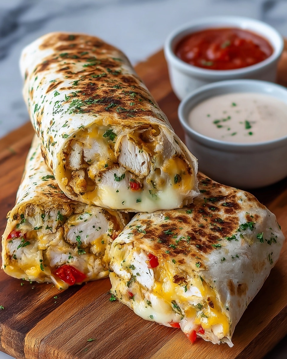 The image shows three grilled chicken and cheese burritos stacked on a wooden board. Each burrito has a light golden-brown grilled tortilla with green herb sprinkles on top. Inside, visible layers include white grilled chicken pieces, melted yellow and white cheese, and small red bell pepper pieces, all tightly wrapped. Next to the burritos are two white small bowls filled with red salsa and a creamy light dip. The scene is set on a white marbled surface. photo taken with an iphone --ar 4:5 --v 7