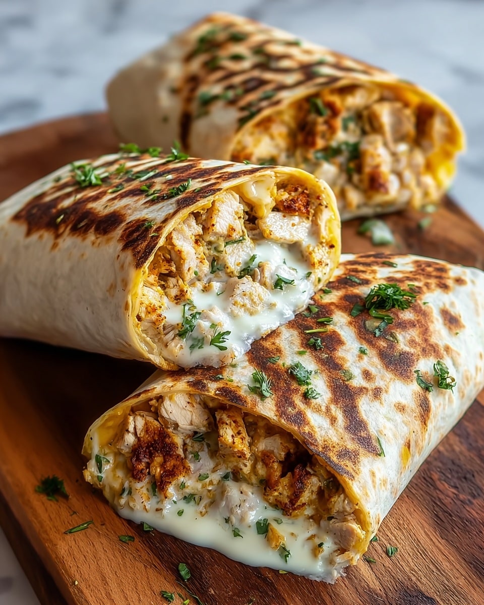Three grilled wraps are shown on a wooden board, each cut in half to reveal the filling inside. The wraps have a golden-brown, slightly crispy outer layer with visible grill marks, and fresh green herbs sprinkled on top. Inside, the first layer is melted white cheese that looks creamy and gooey, oozing slightly out of the wrap. Beneath the cheese is a layer of tender, seasoned grilled chicken pieces that are light brown with a slightly charred texture. The chicken is mixed with more melted cheese and small bits of green herbs, adding a fresh color contrast inside. The image is set on a white marbled texture background. photo taken with an iphone --ar 4:5 --v 7