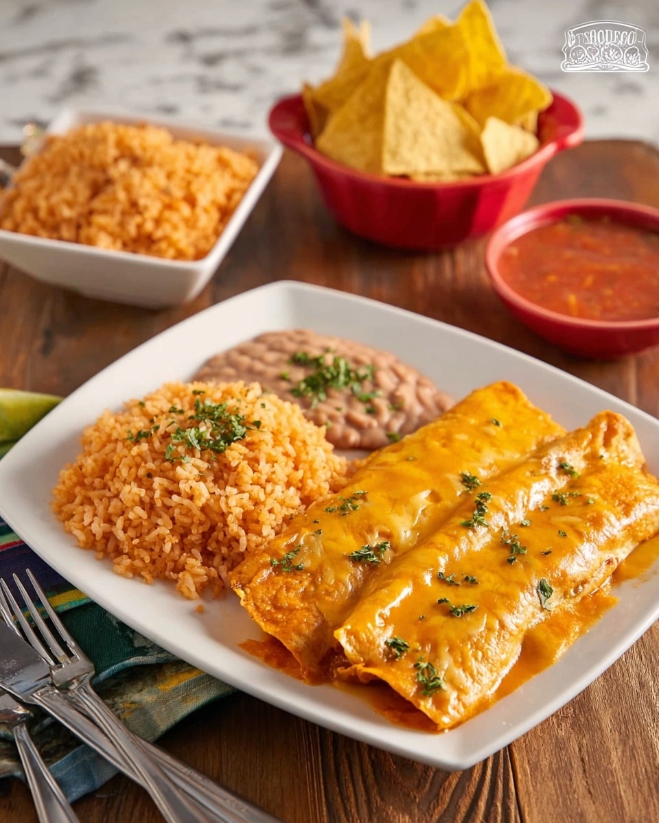 A white plate holds two layered enchiladas covered in smooth orange cheese sauce with small green herb sprinkles on top, placed on the right side of the plate. On the left side, there is a heap of orange-colored Mexican rice with visible grains and green herbs mixed in. Next to the rice is a small serving of light brown refried beans, creamy in texture. Behind the plate, there is a white square bowl filled with more orange Mexican rice, and a red bowl with triangular yellow tortilla chips. To the right of these bowls is a small white bowl with a smooth red salsa inside. A fork and knife are placed in the front left corner on a wooden surface with a white marbled texture background. photo taken with an iphone --ar 4:5 --v 7