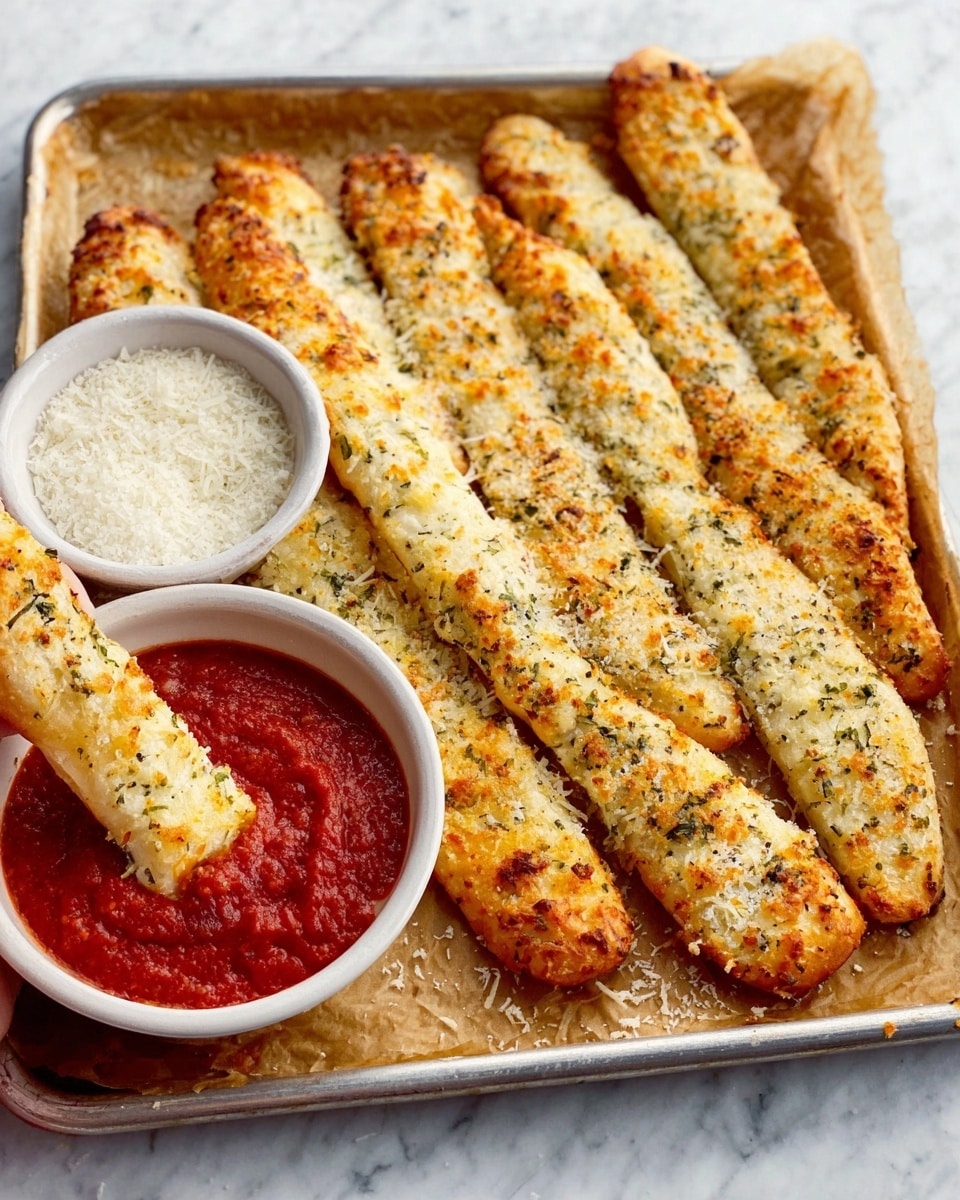 The image shows six rectangular mozzarella sticks arranged in two neat rows of three on a white rectangular plate. Each stick has a golden-brown melted cheese layer on top with bubbly browned spots and is garnished with green herb flakes. The base of the sticks is a soft, slightly crispy white dough. The plate sits on a white marbled surface, and blurred in the background are two small white bowls of red dipping sauces and a glass of a reddish drink. Photo taken with an iphone --ar 4:5 --v 7