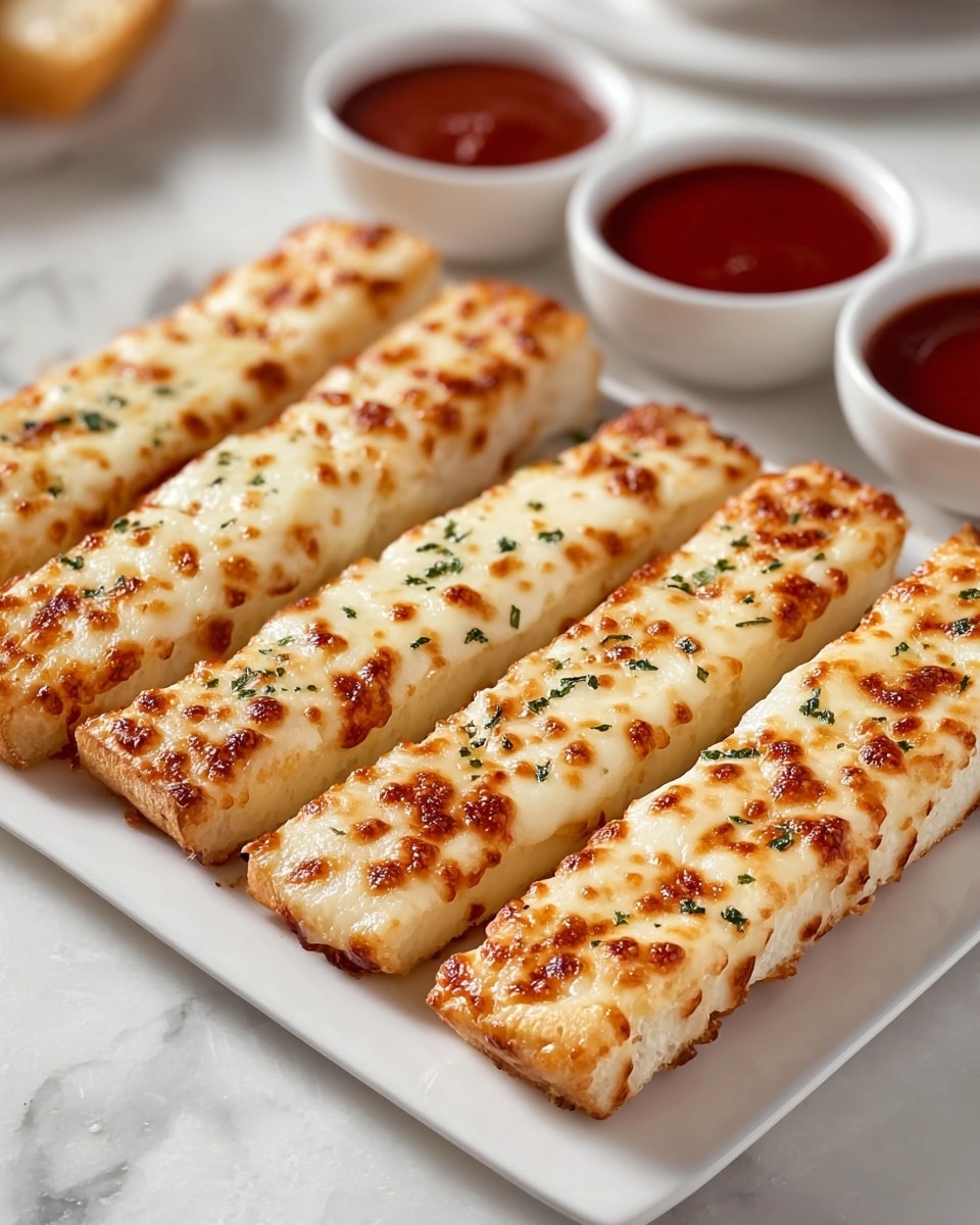 The image shows a baking tray with nine long, thin breadsticks arranged in three rows. Each breadstick is golden brown with melted, bubbly cheese on top, some areas slightly browned from baking. The breadsticks have a slightly rough texture from the cheese and light seasoning. On the tray, near the bottom center, there are two small white bowls, one filled with coarse white salt and the other with chunky red marinara sauce. The tray rests on a white marbled surface. photo taken with an iphone --ar 4:5 --v 7