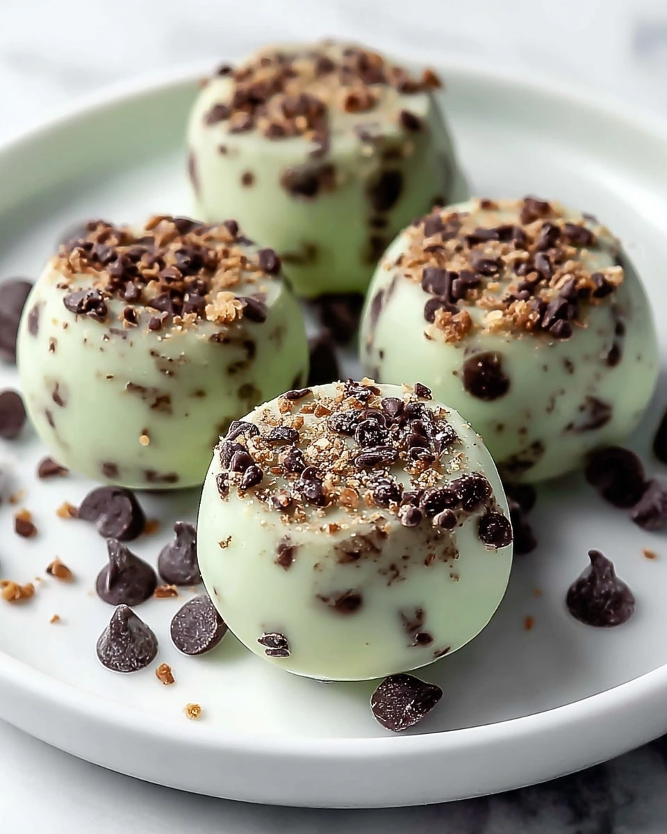 Five round truffle balls sit on a white plate, each coated in a pale green layer that looks smooth and creamy. The green coating is covered with rough chopped dark chocolate pieces and small golden bits that add texture. Around the truffles, a few dark chocolate chips are scattered on the plate. The background has a soft white marbled texture. The image shows the truffles close-up with a shallow focus, making the front ball the clearest. Photo taken with an iphone --ar 4:5 --v 7