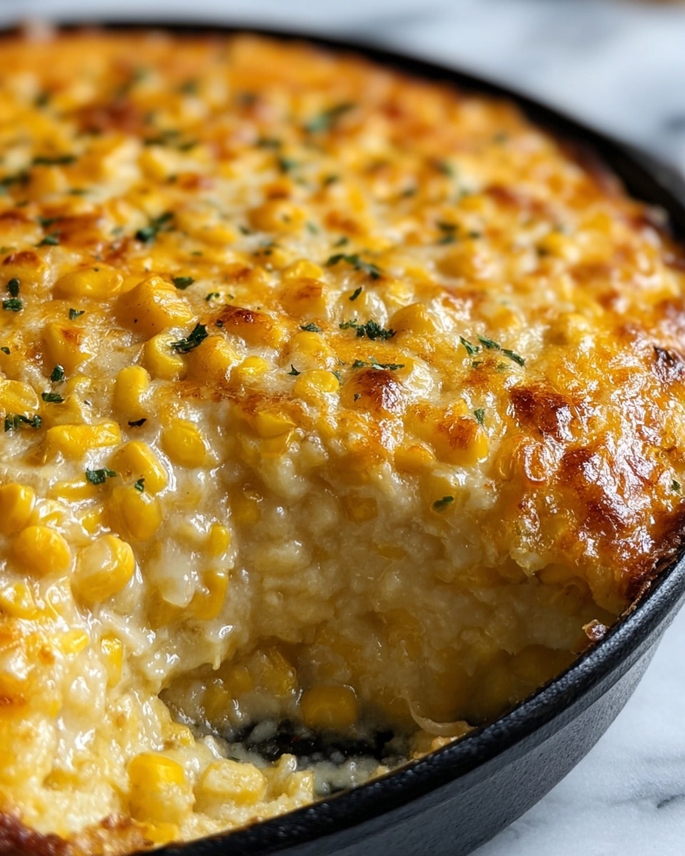 A creamy corn casserole with two visible layers sits in a black dish on a white marbled surface. The bottom layer is soft and thick with pale yellow creamy corn kernels tightly packed together. The top layer is a slightly browned cheesy layer with whole yellow corn kernels mixed into melted cheese, sprinkled with small green herb bits for decoration. A portion of the casserole is scooped out, showing the rich, gooey inside with a shiny, moist texture. Photo taken with an iphone --ar 4:5 --v 7