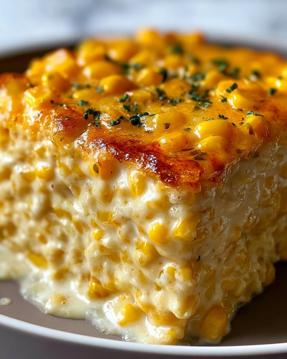 A close-up of a creamy corn casserole slice on a white plate, showing two thick layers of soft, cheesy corn mixture. The base layer is made of yellow corn kernels mixed with a smooth creamy sauce, topped by a golden melted cheese layer with more whole corn pieces and green herb bits sprinkled on top. The casserole has a shiny and gooey texture, with slight browning on the cheese surface. The dish is placed on a white marbled surface. photo taken with an iphone --ar 4:5 --v 7