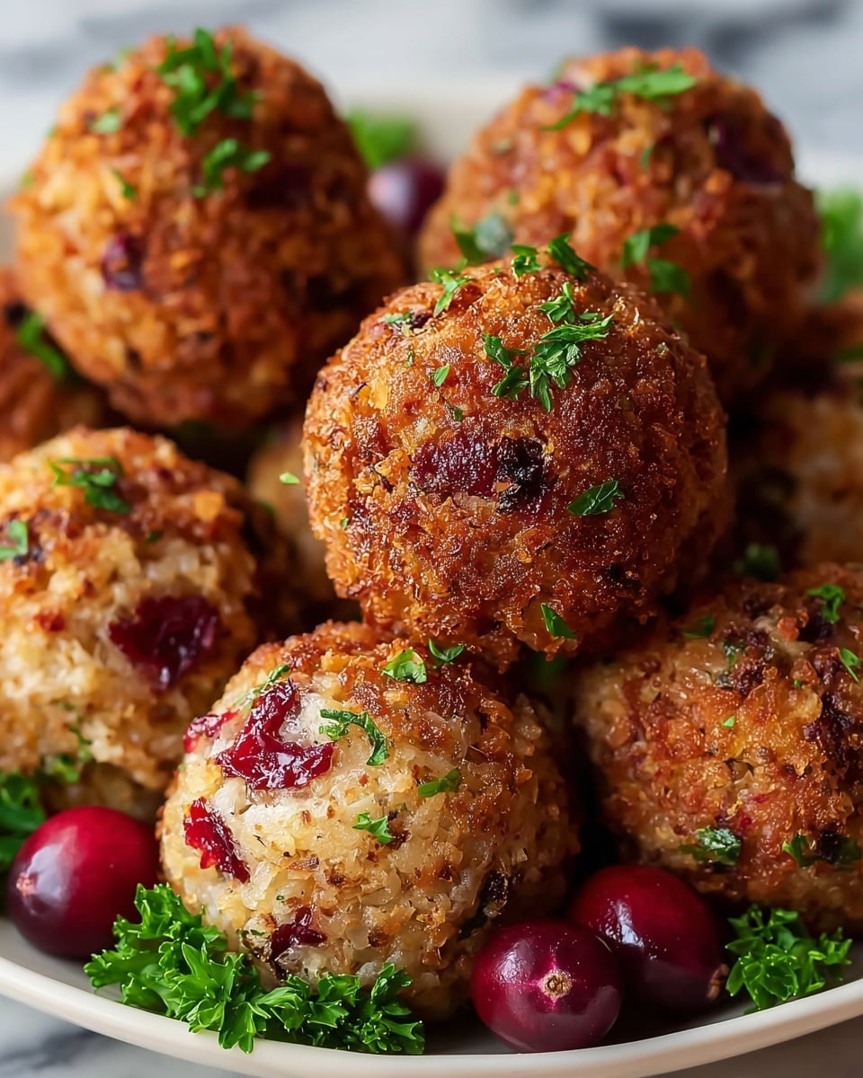 A close-up view of several golden-brown, crispy spheres that appear to be made of finely chopped ingredients mixed and fried or baked to form textured, crunchy surfaces. Each sphere has small pieces of bright red cranberries and bits of fresh green herbs embedded within and scattered on top, giving a colorful pop against the warm, toasted crust. The spheres are arranged closely together on a white plate, sprinkled with fresh parsley leaves, and surrounded by whole dark red cranberries for contrast. The background shows a white marbled texture softly blurred out, focusing attention on the front spheres. Photo taken with an iphone --ar 4:5 --v 7