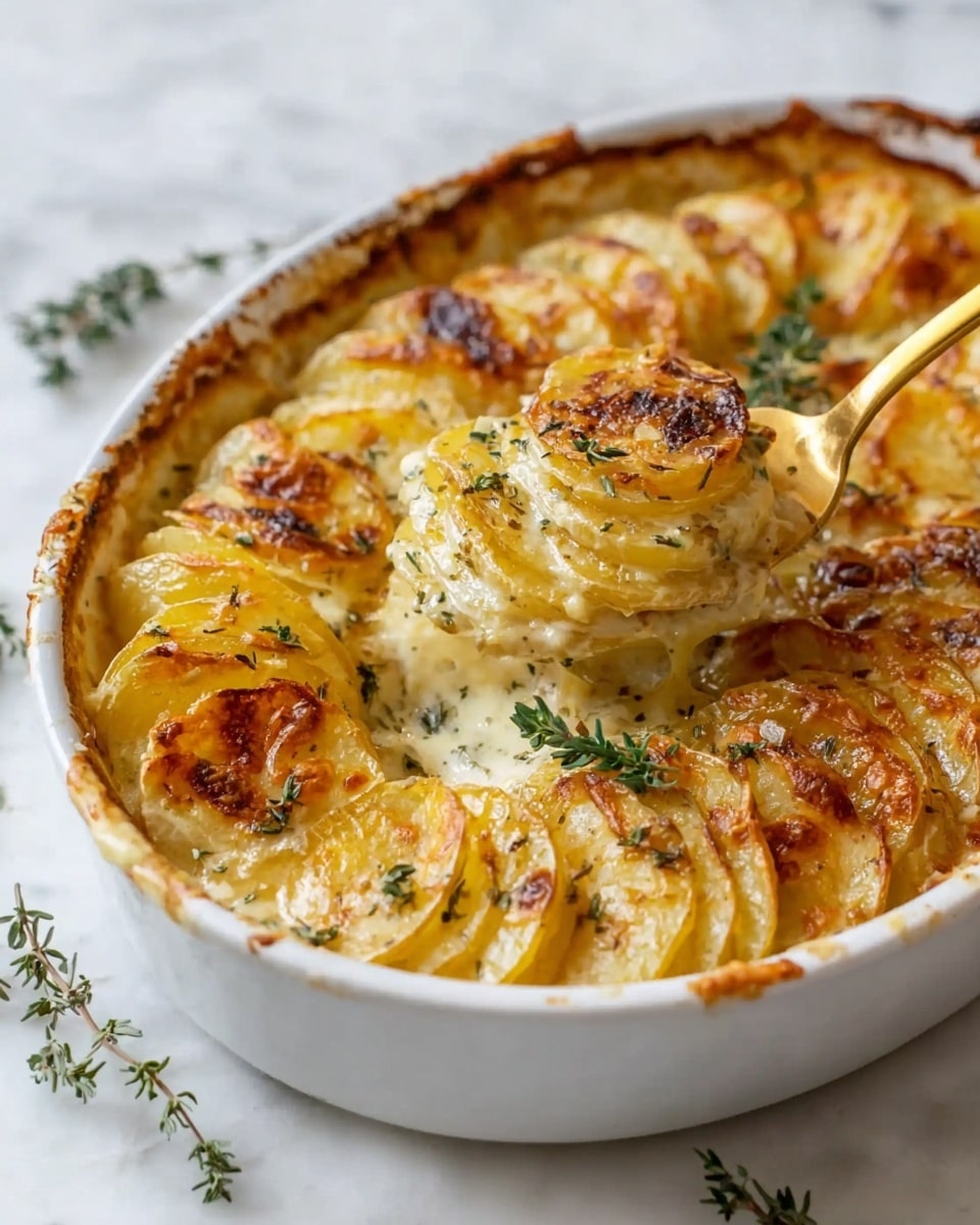 A white oval dish filled with a layered potato gratin, with thin round slices of potatoes carefully arranged upright in rows, each slice showing a creamy pale yellow interior with a golden brown, slightly crispy top with some darker spots from roasting. A golden spoon is lifting a portion from the right side, showing multiple layers of soft potato slices coated in a creamy sauce. Tiny green thyme leaves are sprinkled on the top, and a small thyme sprig rests in the center of the dish. The dish is set on a white marbled surface with a few scattered thyme sprigs around. photo taken with an iphone --ar 4:5 --v 7