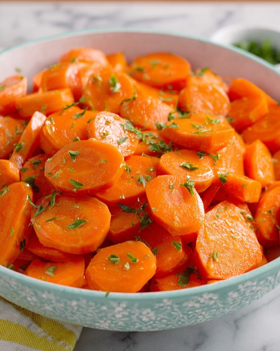 A close-up view of a white bowl full of cooked sliced carrots. The carrots are bright orange, cut into round and slightly diagonal pieces, showing a soft and moist texture. Small bits of green parsley are sprinkled on top, adding contrast and freshness. The bowl sits on a white marbled surface, and the edges of the bowl have a delicate patterned design. photo taken with an iphone --ar 4:5 --v 7