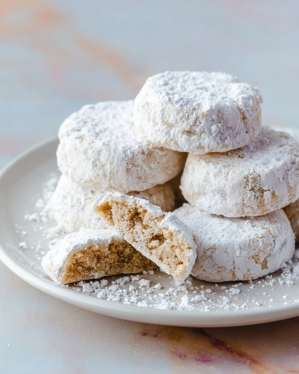 A white plate filled with round, thick cookies dusted with white powdered sugar, stacked in a small pile near the center. Two of the cookies are broken in half and leaning against the pile, showing a light brown, crumbly inside texture that contrasts with the soft white exterior. The plate is set on a white marbled surface. Photo taken with an iphone --ar 4:5 --v 7
