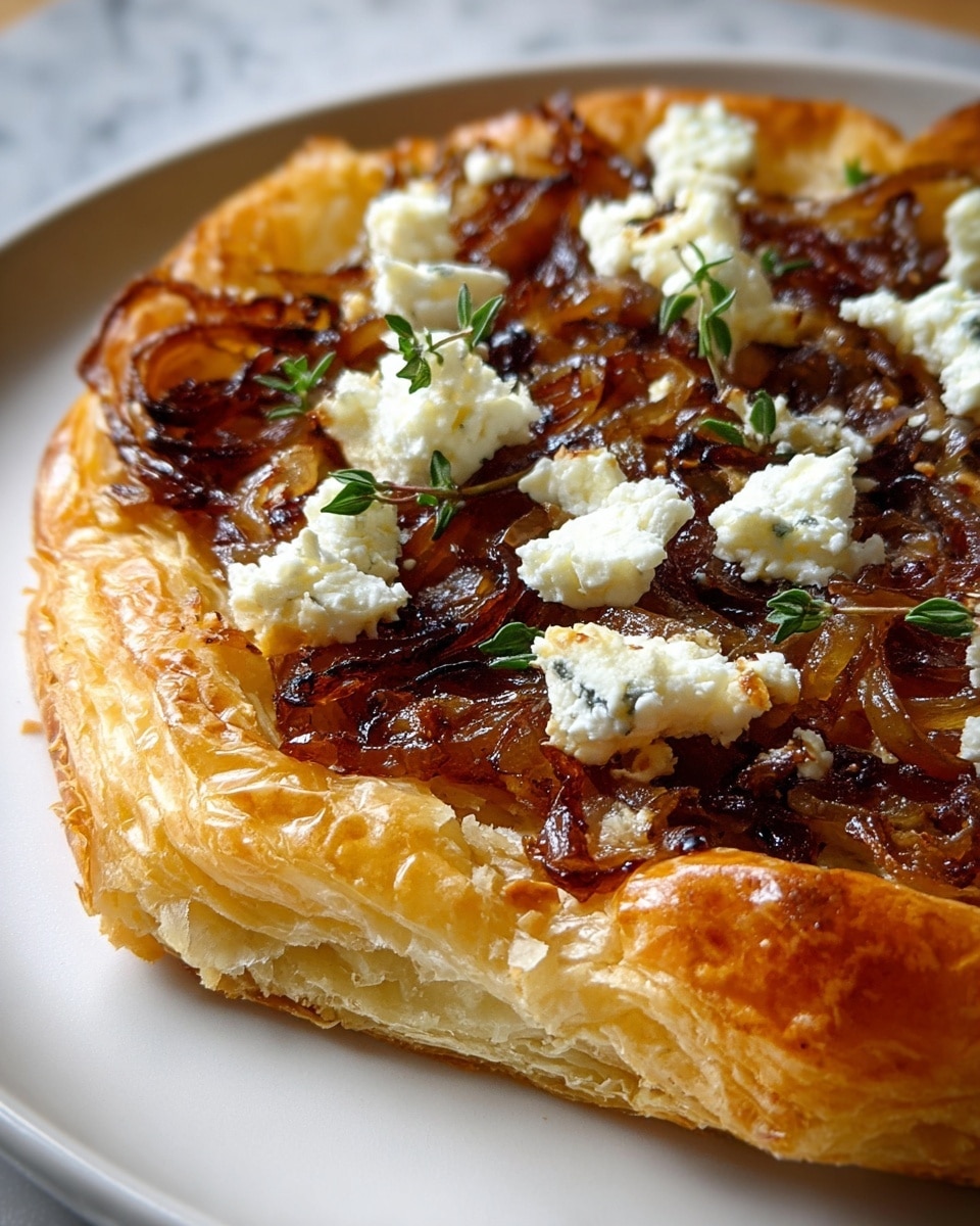A close-up view of a baked tart on a white plate, featuring three main layers: a flaky golden-brown puff pastry base with a crispy texture, a middle layer of caramelized onions in rich amber and dark brown tones, and a top layer of soft white goat cheese crumbles scattered unevenly, accented with small green thyme sprigs on top. The tart has a slightly uneven edge showing delicate puff layers, with warm natural light highlighting the glossy caramelized onions and crumbly cheese. The background is a white marbled texture. photo taken with an iphone --ar 4:5 --v 7