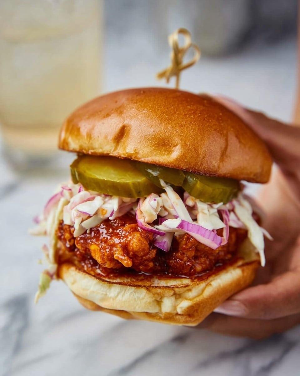 A close-up view of a sandwich held by a woman's hand, featuring a soft, golden-brown bun on top and bottom. Inside, there is a crispy, fried chicken patty coated with a shiny, reddish sauce as the first layer. Above the chicken, there is a layer of white coleslaw mixed with thin slices of light purple onion, adding a fresh, crunchy texture. Two thick, green pickle slices sit on top of the coleslaw just below the top bun. The background is a white marbled surface with a blurred glass of a light-colored drink in the back. Two bamboo picks are stuck inside the sandwich from the top. photo taken with an iphone --ar 4:5 --v 7