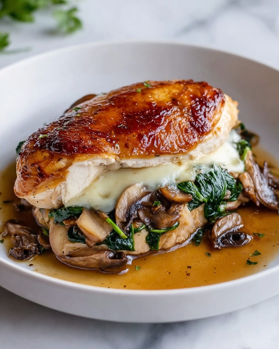 A white bowl holds a layered cooked chicken breast with a golden brown, crispy skin on top. Below the skin, there is a layer of melted white cheese covering sautéed spinach and sliced brown mushrooms. The mushrooms and spinach rest on the bottom chicken meat layer, which is pale and juicy. The dish is glistening with light brown sauce pooling at the bottom of the bowl, making the layers shiny and moist. The bowl sits on a white marbled surface. Photo taken with an iphone --ar 4:5 --v 7
