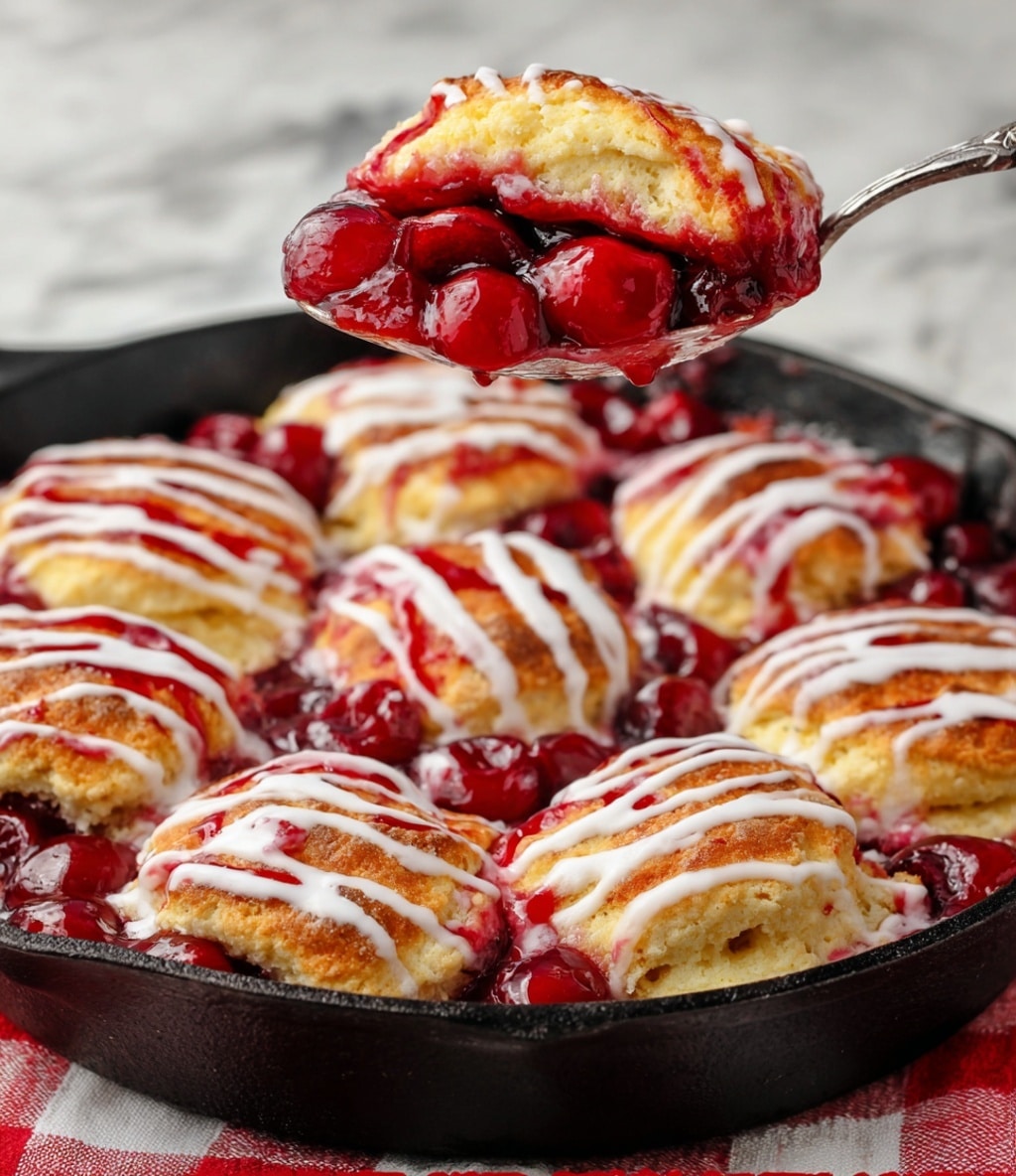 The dish is a cast iron skillet filled with golden brown biscuits, each topped and surrounded by bright red cherry pie filling with whole cherries visible. There are about two layers: the bottom layer is the shiny, juicy cherry filling with cherries, and the top layer is the warm, fluffy golden biscuits. These biscuits are drizzled generously with white icing in thin, wavy stripes covering the entire surface. A spoon lifts one biscuit piece, showing cherry filling dripping in a glossy red syrup. The skillet sits on a red and white checkered cloth over a white marbled surface. photo taken with an iphone --ar 4:5 --v 7