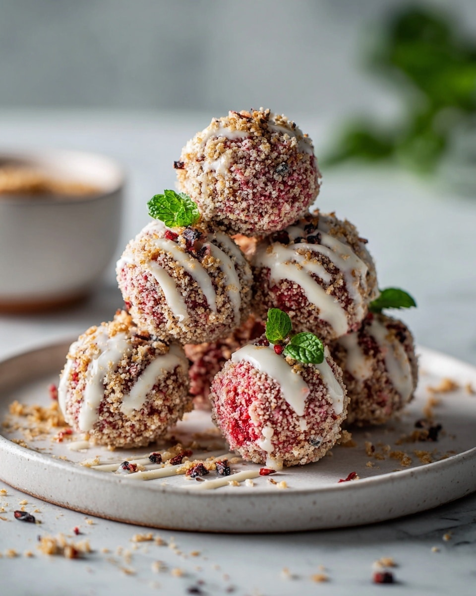 The image shows a white round plate with five small round dessert balls stacked in a pyramid shape. Each ball has a pinkish-red inside covered with a crumbly light brown coating, and a drizzle of white sauce on top. The balls are sprinkled with crunchy bits and tiny darker seeds or pieces. Two green mint leaves sit neatly on the top ball, adding a fresh touch. Crumbs are scattered gently around the plate, which sits on a white marbled surface with a soft blurred background. Photo taken with an iphone --ar 4:5 --v 7