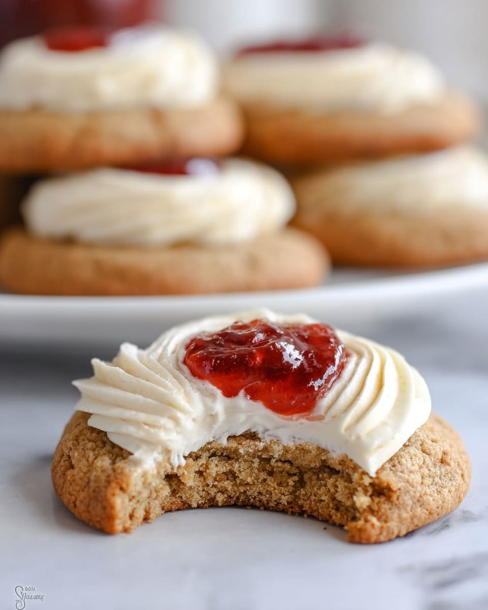 The image shows a close-up of a two-layer cookie where the bottom layer is a light brown, crumbly biscuit base. The top layer is a slightly lighter brown cookie with a bite taken out of it, revealing its soft texture inside. On top of the cookie, there is a swirl of white creamy frosting, and in the center, a dollop of shiny, red strawberry jam. In the background, blurred, there are more similar cookies stacked on a white plate on a white marbled surface. Photo taken with an iphone --ar 4:5 --v 7
