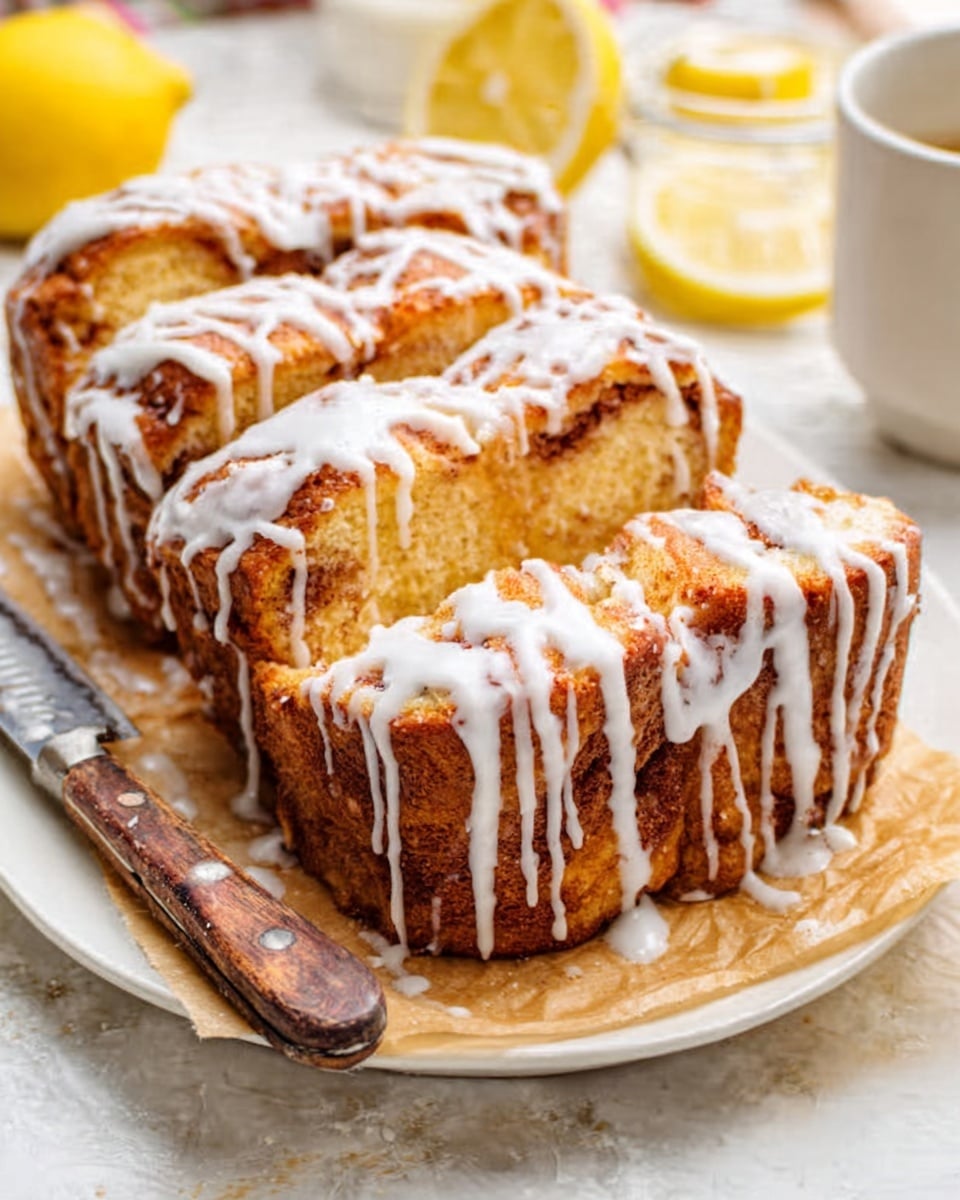The image shows three thick slices of golden brown cinnamon roll bread arranged on a white plate with a piece of parchment paper underneath. Each slice is topped with white icing drizzled in thin lines that slightly drip down the sides, adding a shiny and creamy texture. A knife with a wooden handle lies on the plate beside the bread slices. In the background, parts of a sliced lemon and a small jar can be seen on a white marbled surface. The overall scene is bright and cozy, making the bread look fresh and soft. Photo taken with an iphone --ar 4:5 --v 7