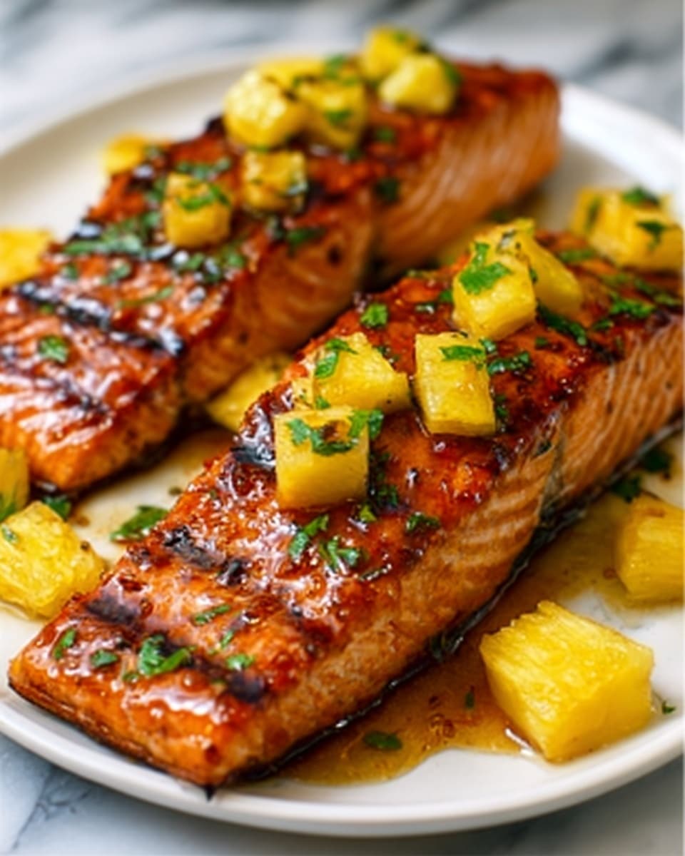 A close-up of three thick, grilled salmon fillets arranged side by side in a white dish with a glossy, dark sauce coating the bottom. Each fillet has a golden-brown, slightly charred surface with visible grill marks and a shiny texture, topped with small green herb pieces. On top of each fillet rests a small square of melting yellow butter, speckled with black pepper. The white marbled surface beneath the dish adds brightness to the image. photo taken with an iphone --ar 4:5 --v 7