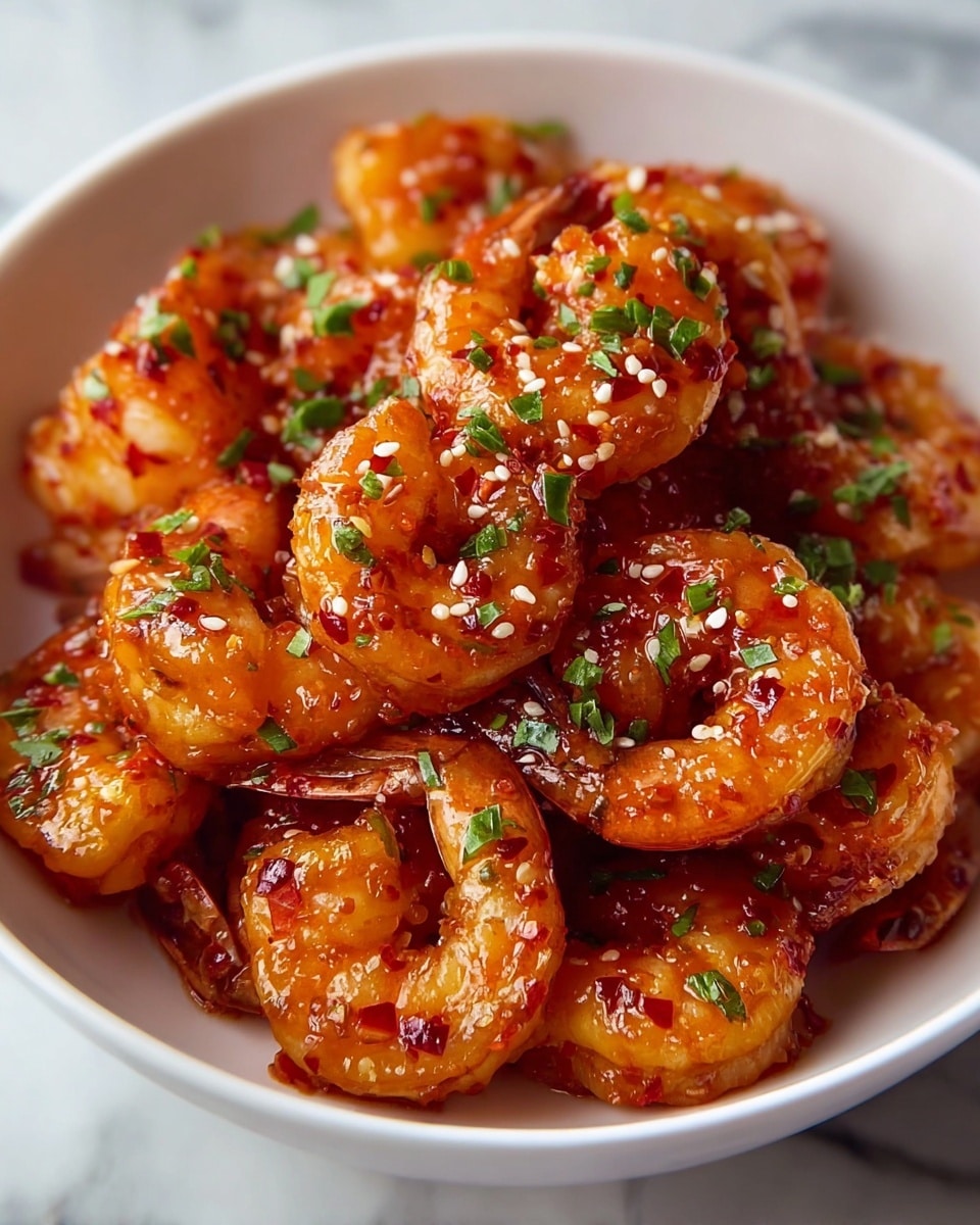 A white bowl is filled with many cooked shrimp coated in a shiny red-orange sauce speckled with small chili flakes. The shrimp are glossy and slightly curled, showing a firm texture. On top, finely chopped green herbs and small white sesame seeds are sprinkled evenly, adding green and white contrast to the warm tones of the shrimp. The bowl sits on a surface with a white marbled texture. photo taken with an iphone --ar 4:5 --v 7