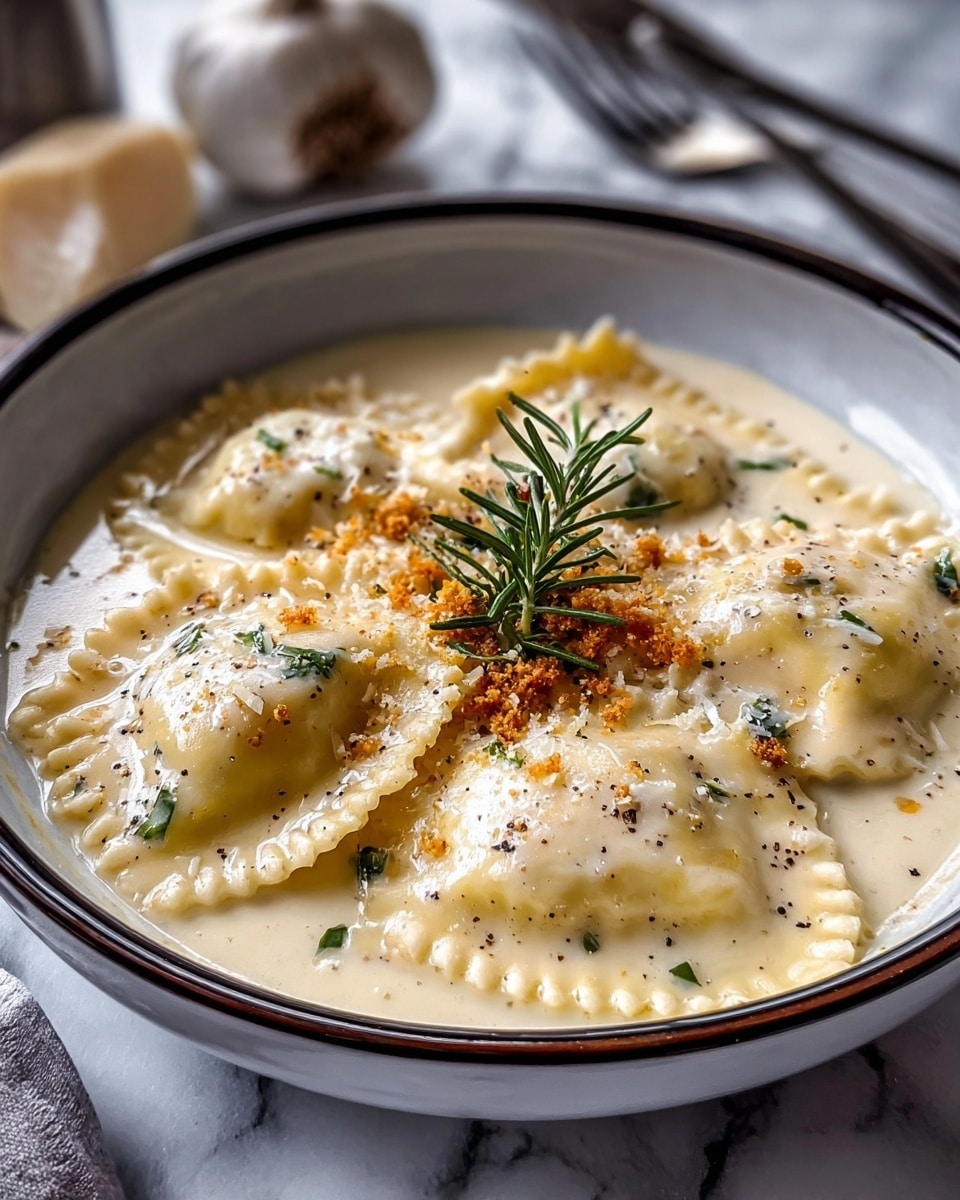A white bowl with a dark rim holds seven plump ravioli pieces covered in a creamy beige sauce with black pepper specks. The ravioli has a pale yellowish color with ruffled edges, arranged with some overlapping in the shallow bowl. On top, there is a small sprinkle of orange-brown crumbs and grated cheese, with a fresh green rosemary sprig placed in the center for garnish. The bowl sits on a white marbled surface with a blurred garlic bulb and silverware in the background. photo taken with an iphone --ar 4:5 --v 7