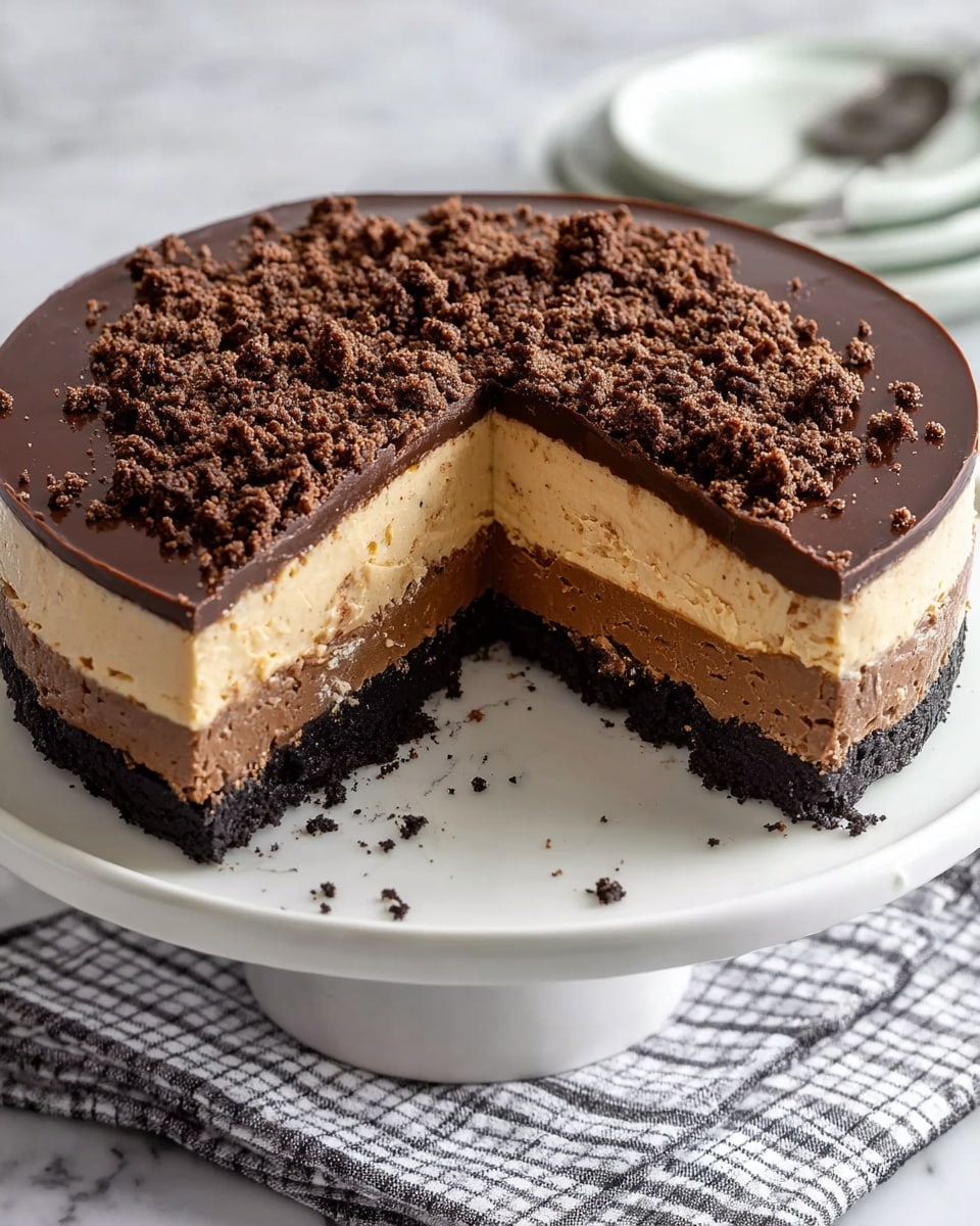 The image shows a round layered dessert on a white plate placed on a white marbled surface. The dessert has four layers: the bottom layer is a dark crumbly crust, the second layer is thick and creamy with a light tan color, the third layer is a smooth, glossy dark chocolate ganache, and the top layer is sprinkled with chunky, crumbly dark chocolate pieces scattered unevenly. A slice is missing from the dessert, revealing the clear layers and textures inside. photo taken with an iphone --ar 4:5 --v 7