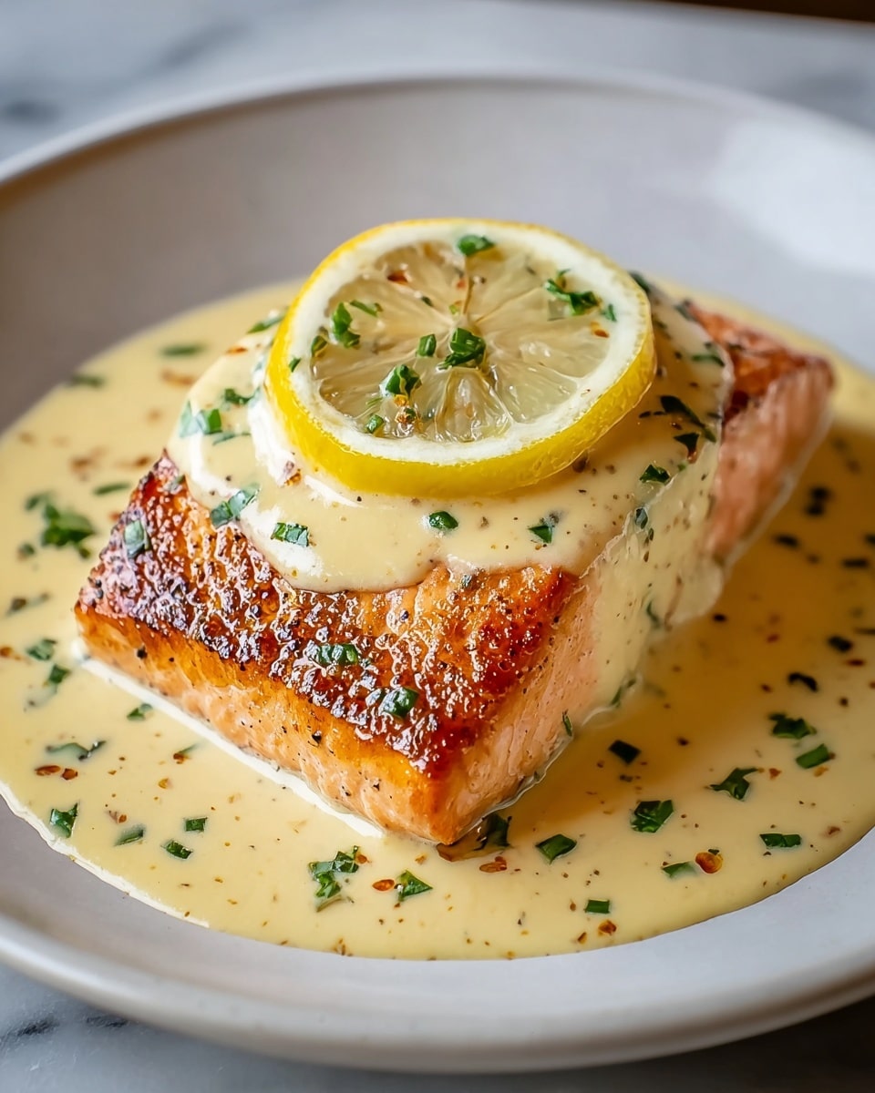 A thick, grilled piece of salmon with a slightly charred, orange-pink surface sits in the center of a white plate, covered by a creamy, light yellow sauce speckled with green herbs and small reddish spices. A bright yellow lemon slice rests on top of the salmon, adding a fresh, vibrant touch. The sauce pools under the salmon in a smooth layer, spreading evenly around the edges of the fish. The background shows a white marbled texture, highlighting the dish’s colors and textures clearly. photo taken with an iphone --ar 4:5 --v 7