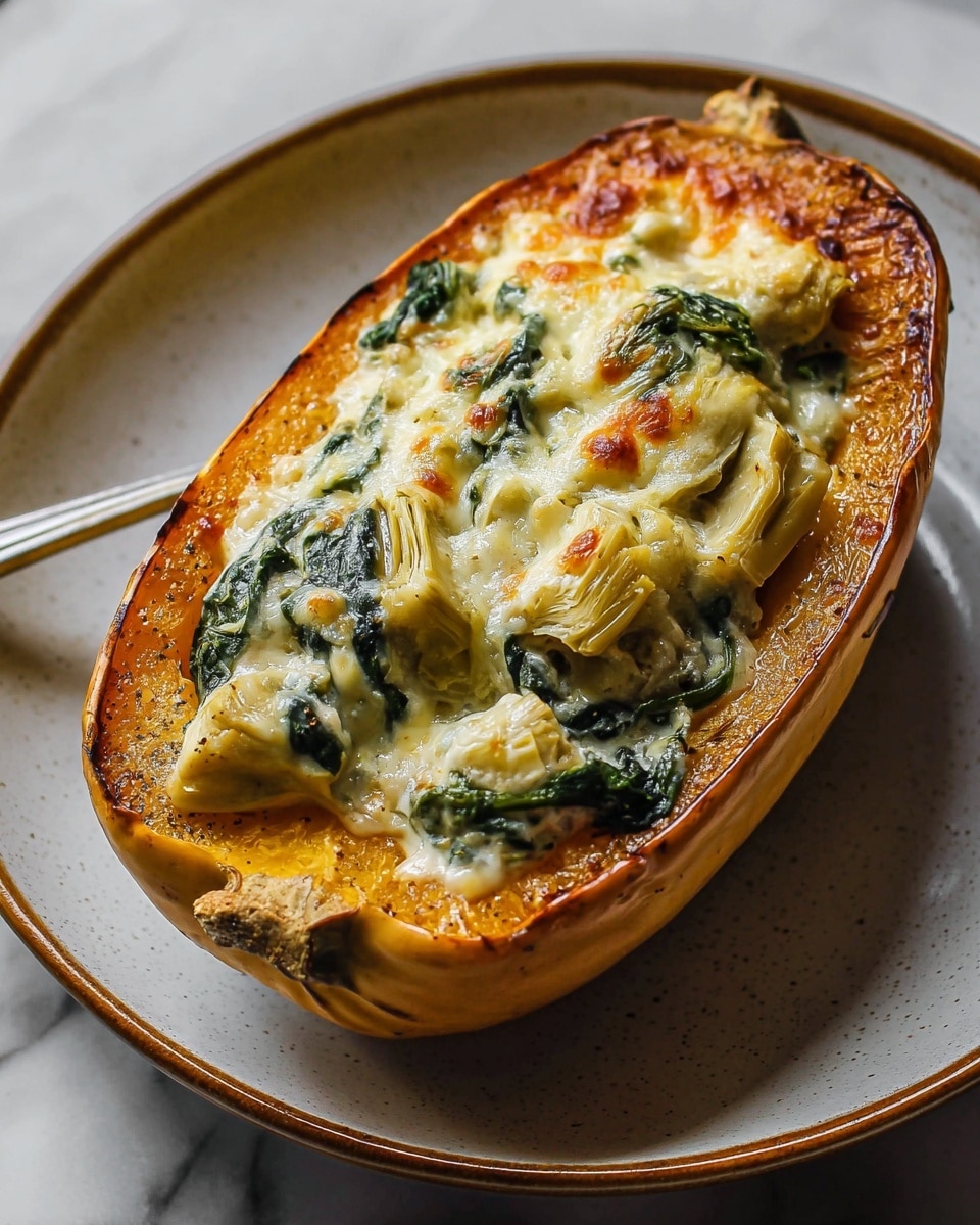 A stuffed roasted squash half sits on a white plate, filled with layers of melted, bubbly cheese that is golden brown in spots. Inside the squash, there are soft, green spinach leaves mixed with creamy textured cheese and chunks of artichoke hearts, giving a varied look of light yellow, cream, and dark green colors. The squash’s skin is a warm orange-brown, slightly ruffled around the edges from baking. The plate with the stuffed squash rests on a white marbled surface, showcasing a cozy and hearty baked dish. photo taken with an iphone --ar 4:5 --v 7