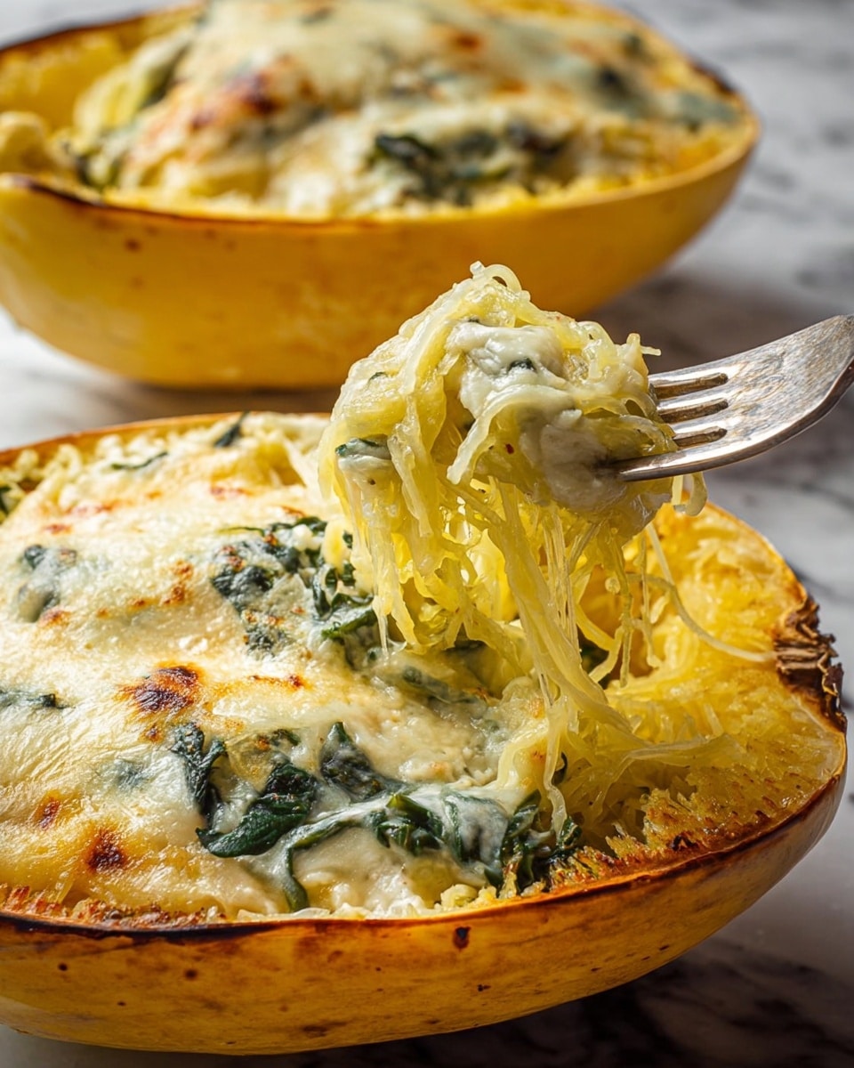 The image shows a cooked spaghetti squash half filled with creamy pasta. The bottom layer is soft yellow spaghetti squash strands with a slightly fibrous texture. On top, there is a thick layer of white creamy sauce mixed with dark green spinach leaves and melted cheese that has a golden-brown crust in spots. A fork lifts some pasta strands mixed with sauce and spinach, creating a stringy, melted texture. There is another squash half slightly blurred in the foreground. The squash shells have a light yellow-orange skin with a smooth surface. The dish is placed on a white marbled surface. photo taken with an iphone --ar 4:5 --v 7