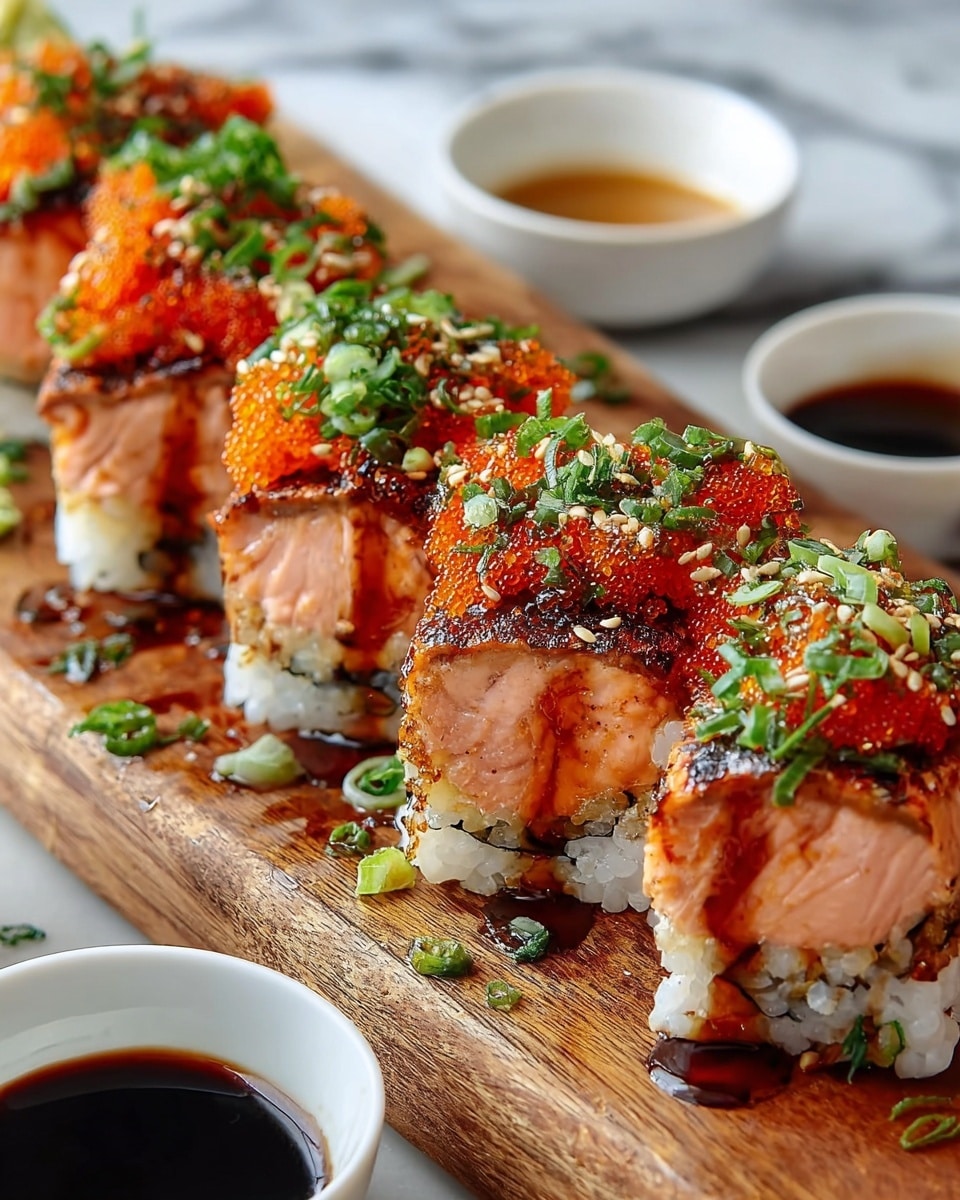 The image shows a close-up of several sushi pieces arranged in two rows on a wooden board. Each piece has a bottom layer of white sushi rice, topped with a thick slice of grilled salmon that has a slightly charred texture. On top of the salmon, there are small bright orange fish eggs, thinly sliced green onions, and herbs scattered finely. A dark glossy sauce is drizzled over and around the sushi pieces on the wooden board, adding a shiny effect. In the background, there are blurred bowls, including a white bowl filled with dark soy sauce. The whole scene is set on a white marbled surface. photo taken with an iphone --ar 4:5 --v 7