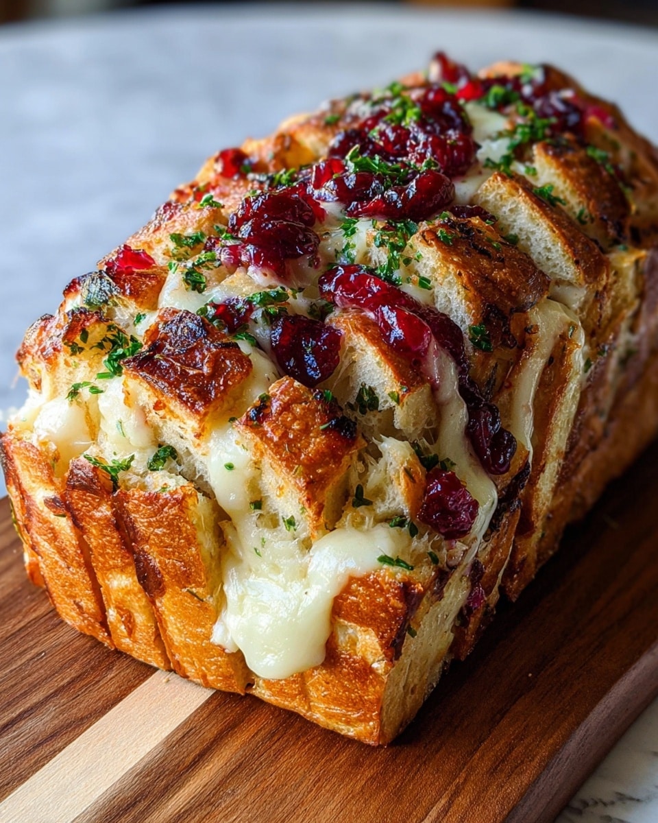 A close-up view of a thick loaf of pull-apart bread with about five deep cuts creating separate layers, each filled with a creamy white cheese layer, juicy red cranberry sauce, and scattered green herbs on top. The bread crust is golden-brown and crispy with a soft, fluffy white inside visible between the layers. The loaf is placed on a wooden board against a white marbled surface, highlighting the vibrant colors and textures. Photo taken with an iphone --ar 4:5 --v 7