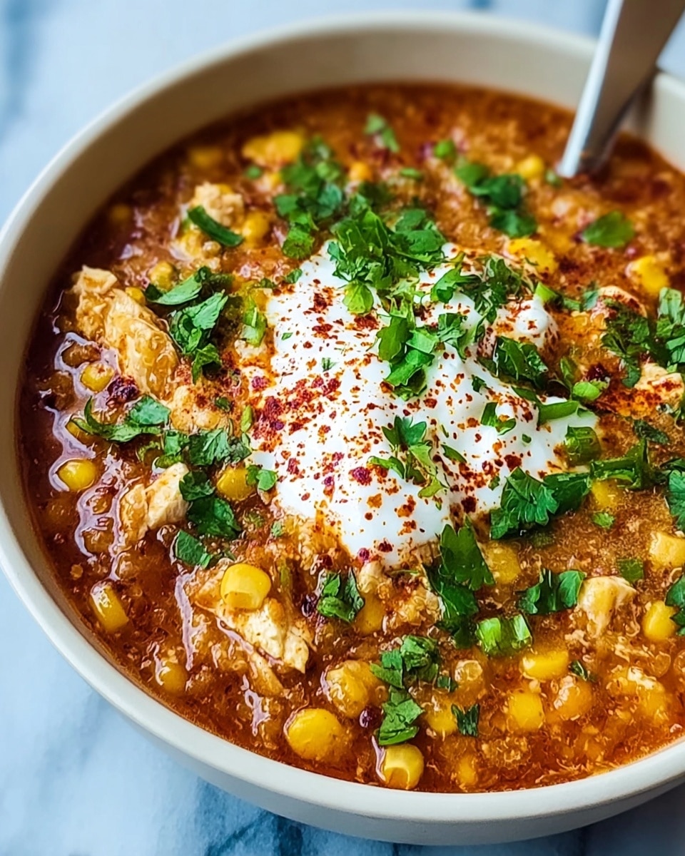 A close-up of a white bowl filled with a thick soup made of a reddish-brown broth layered with yellow corn kernels, pieces of chicken, and ground texture bits mixed throughout. On top, there is a dollop of white sour cream sprinkled with red spice powder and chopped green cilantro leaves scattered around and on top of the cream. The bowl sits on a white marbled surface. photo taken with an iphone --ar 4:5 --v 7
