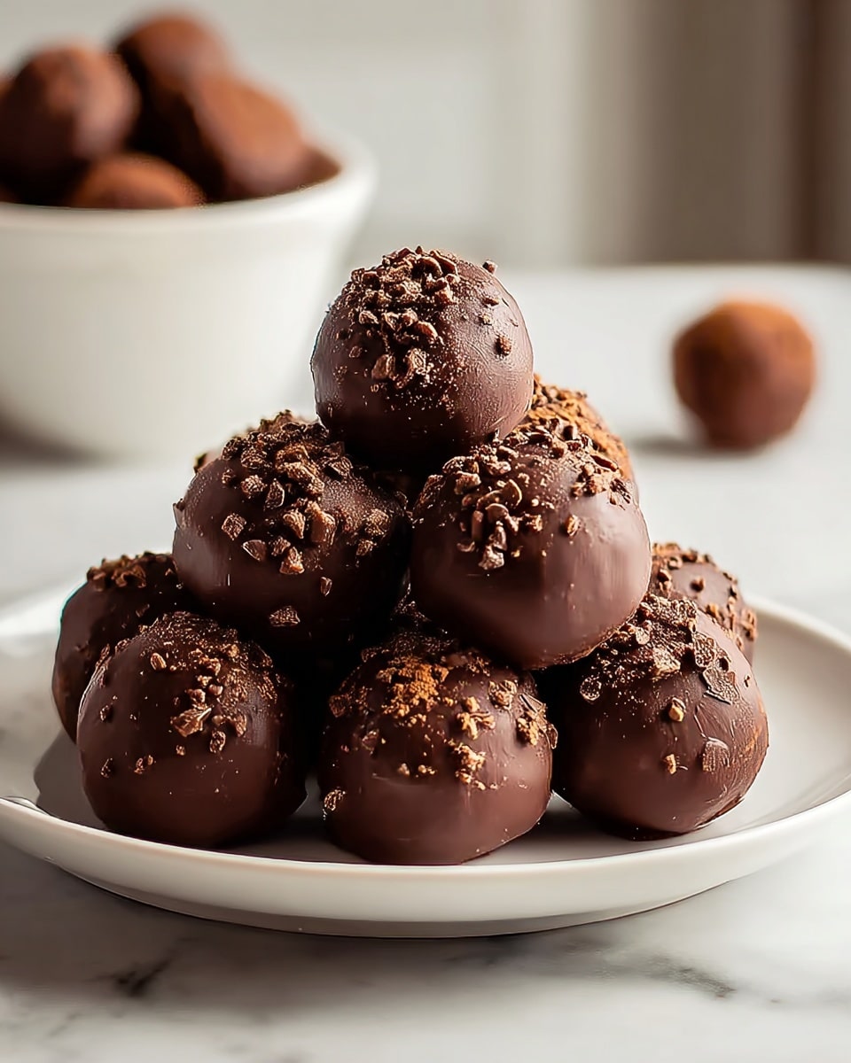 A white plate holds a pyramid stack of nine smooth, round chocolate truffles, each covered in shiny dark brown chocolate with a texture of small chocolate shavings sprinkled on top. The truffles appear rich and glossy, with a few tiny rough spots showing the slight unevenness of the coating. In the soft background, there is a white bowl filled with more truffles. The scene is set on a white marbled surface with light coming softly from the side, highlighting the rich texture of the chocolate. photo taken with an iphone --ar 4:5 --v 7