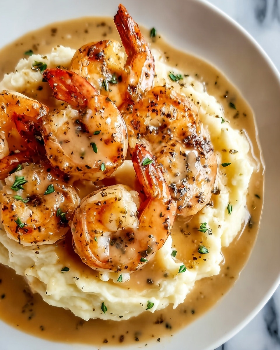 The image shows a close-up of a white bowl filled with creamy mashed potatoes topped with several grilled shrimp arranged in a circle around the center. The mashed potatoes are smooth and pale yellow with small green herb bits sprinkled on top. The shrimp are orange-pink, slightly charred and glistening with seasoning. The bowl sits on a white marbled surface. Photo taken with an iphone --ar 4:5 --v 7