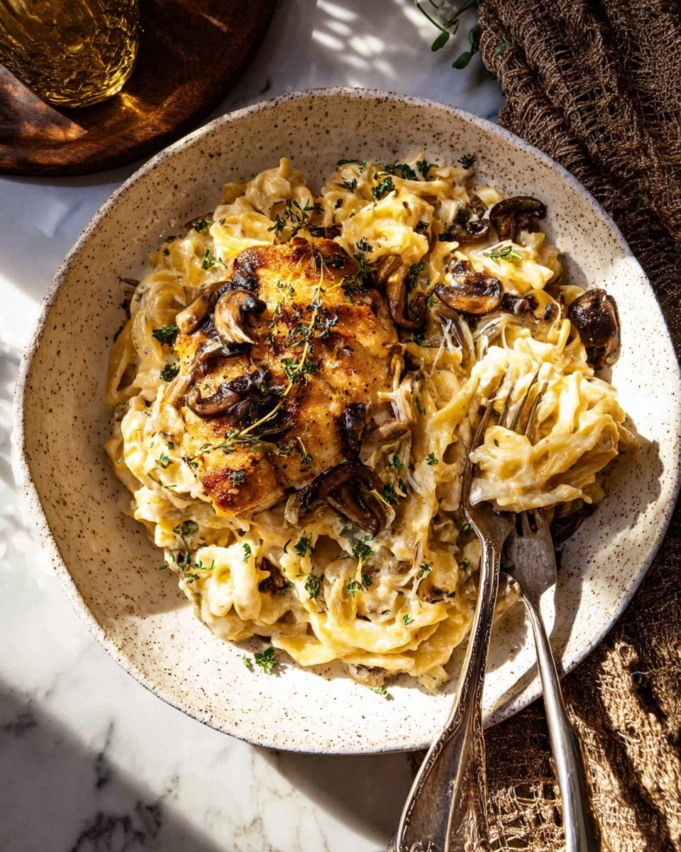 On a white speckled plate, there is a creamy pasta dish with three main layers: a base layer of pale yellow, soft, fluffy pasta mixed with browned onions that have a slightly caramelized texture, a middle layer featuring browned, juicy mushrooms adding dark brown accents, and a top layer which includes a golden-brown piece of cooked chicken garnished with small green herbs scattered around. The dish looks rich with melted cheese and herbs providing small green specks on top. Two silver forks rest on the plate, with one partially inserted into the pasta. The setting includes a white marbled surface beneath the plate with a textured cloth nearby and soft natural light casting shadows across the scene. photo taken with an iphone --ar 4:5 --v 7